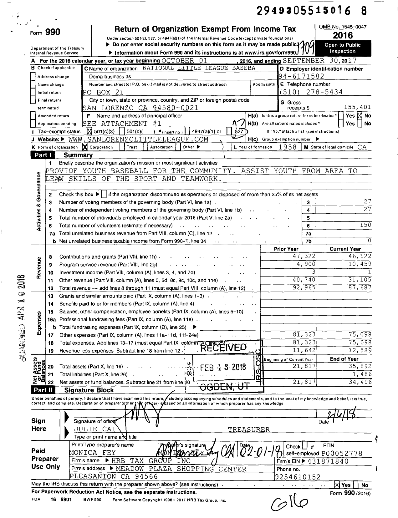 Image of first page of 2016 Form 990 for San Lorenzo Little League