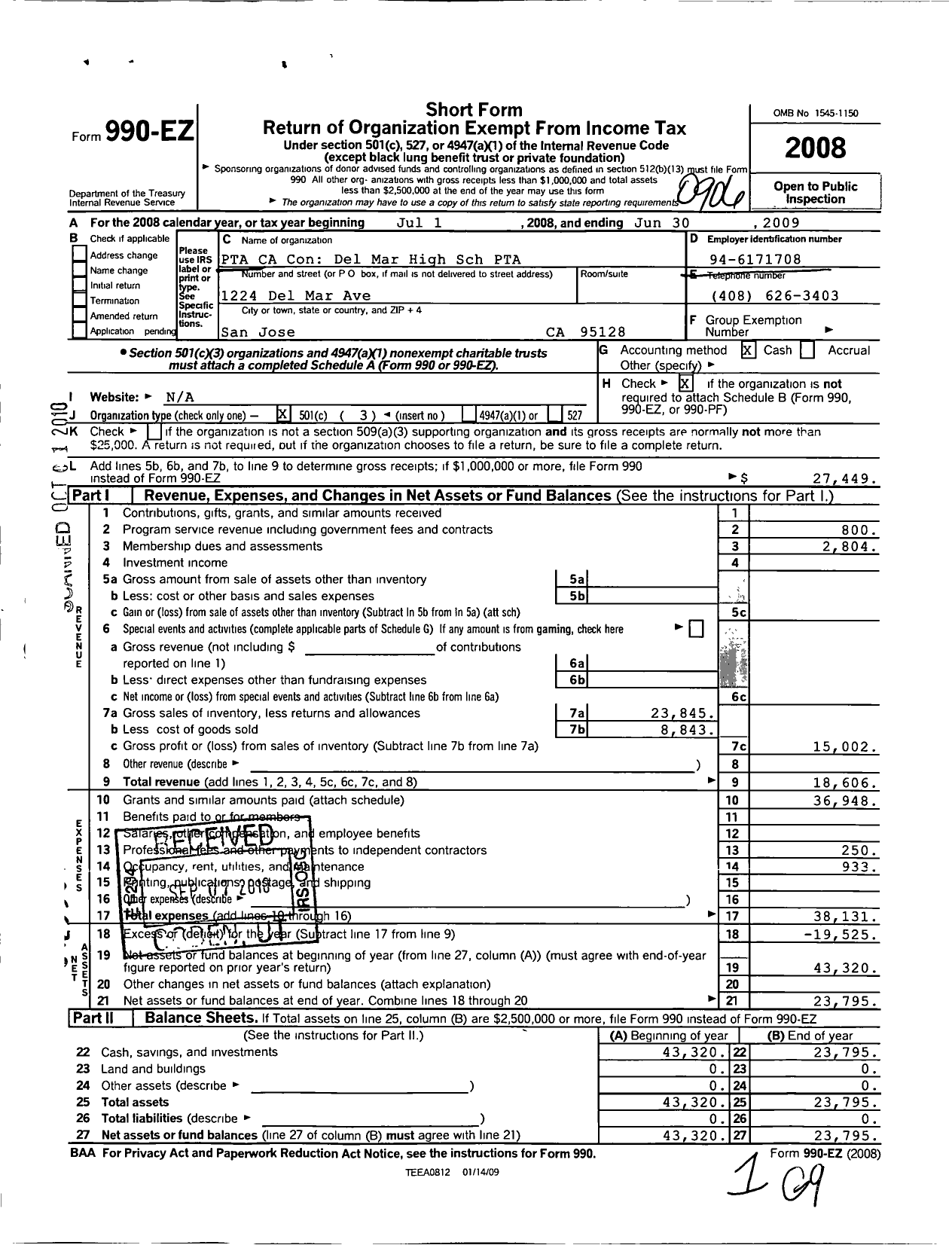 Image of first page of 2008 Form 990EZ for California State PTA - Del Mar High Ptsa