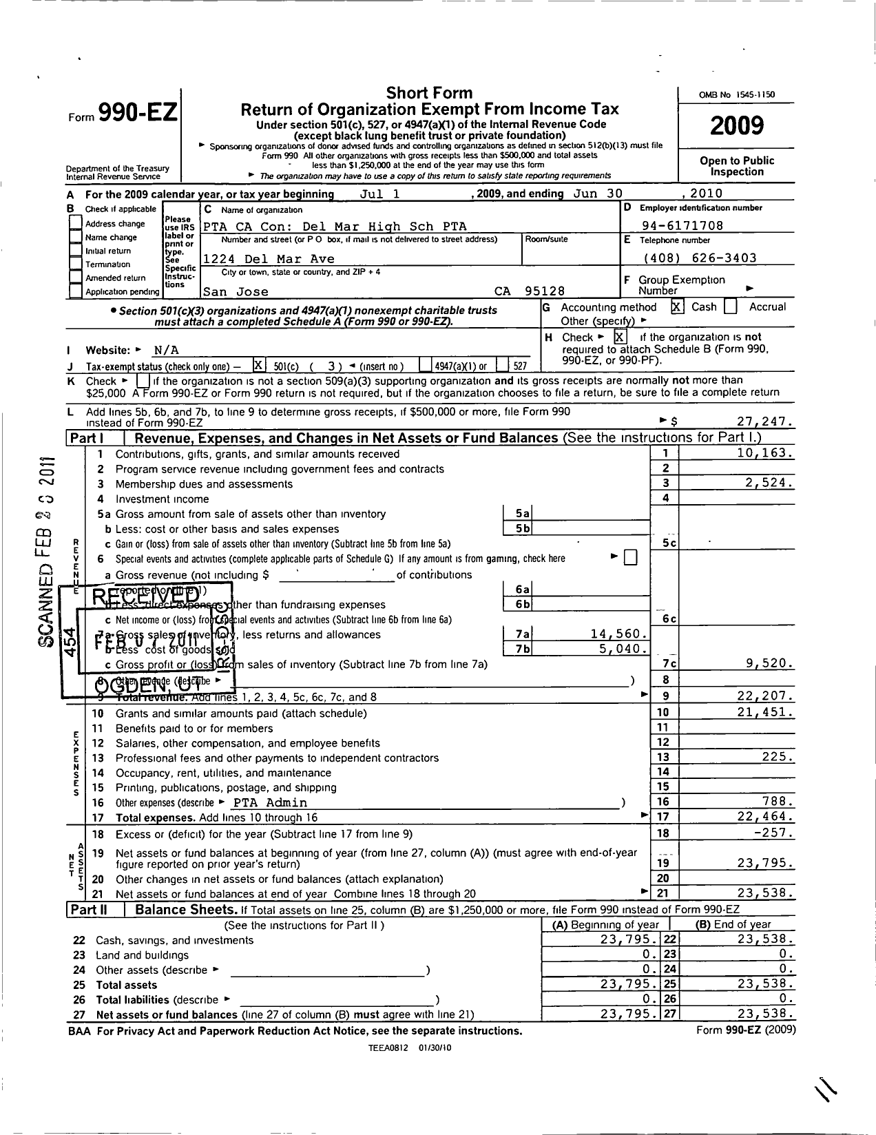 Image of first page of 2009 Form 990EZ for California State PTA - Del Mar High Ptsa