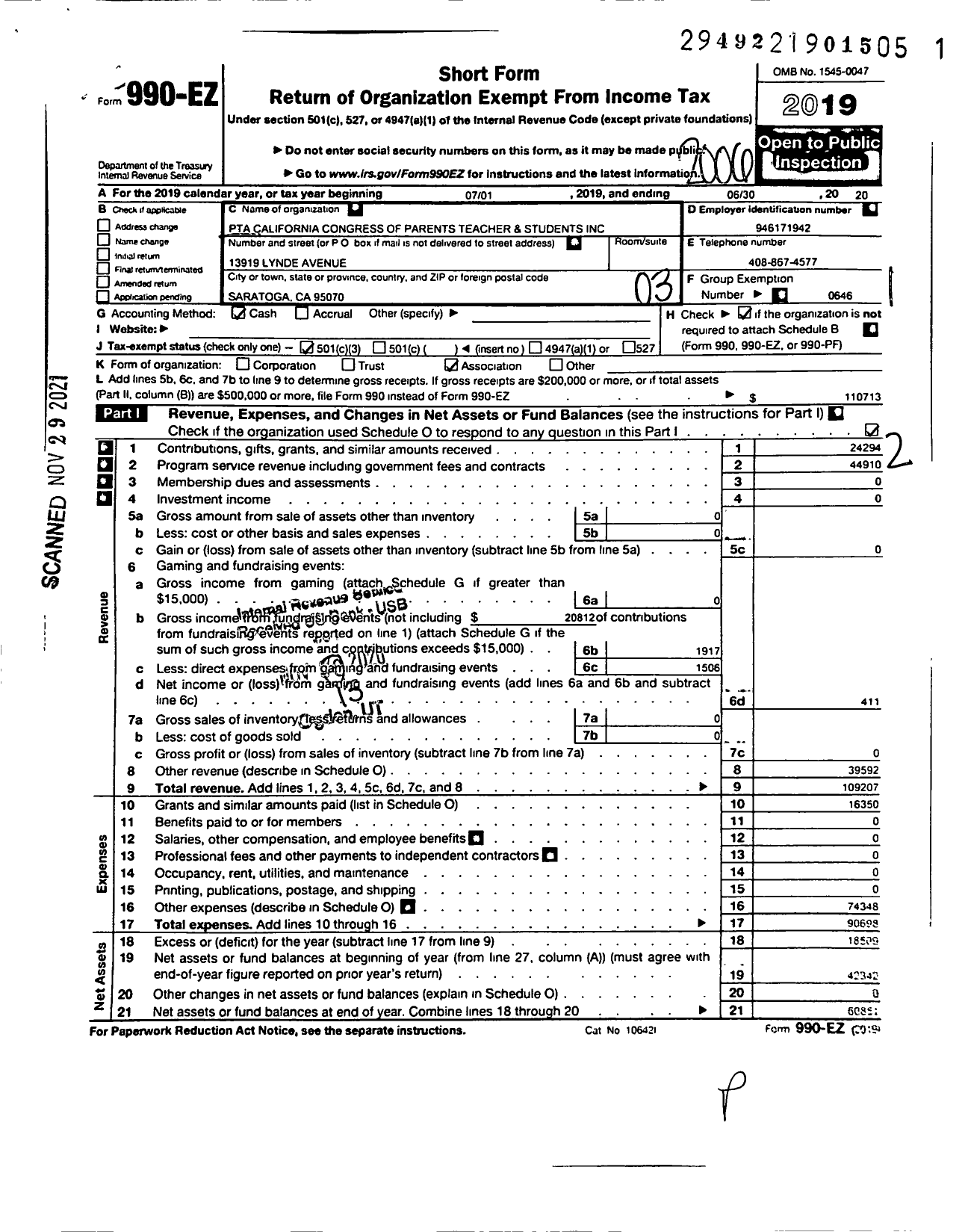 Image of first page of 2019 Form 990EZ for California State PTA - Foothill Elementary PTA / Foothill Elementary PTA