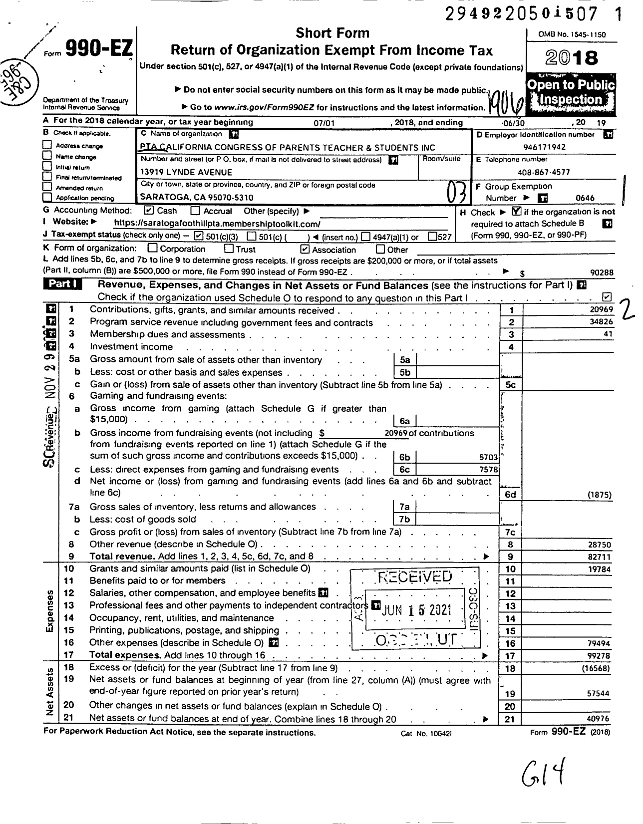 Image of first page of 2018 Form 990EZ for California State PTA - Foothill Elementary PTA / Foothill Elementary PTA