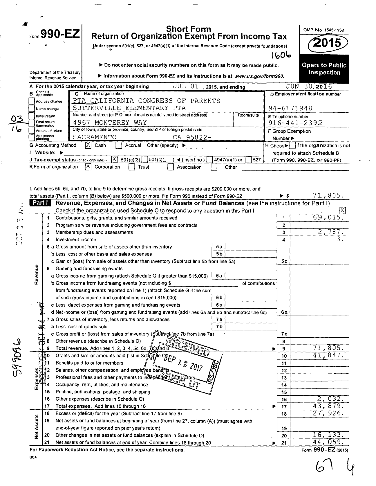 Image of first page of 2015 Form 990EZ for California State PTA - Sutterville Elementary PTA