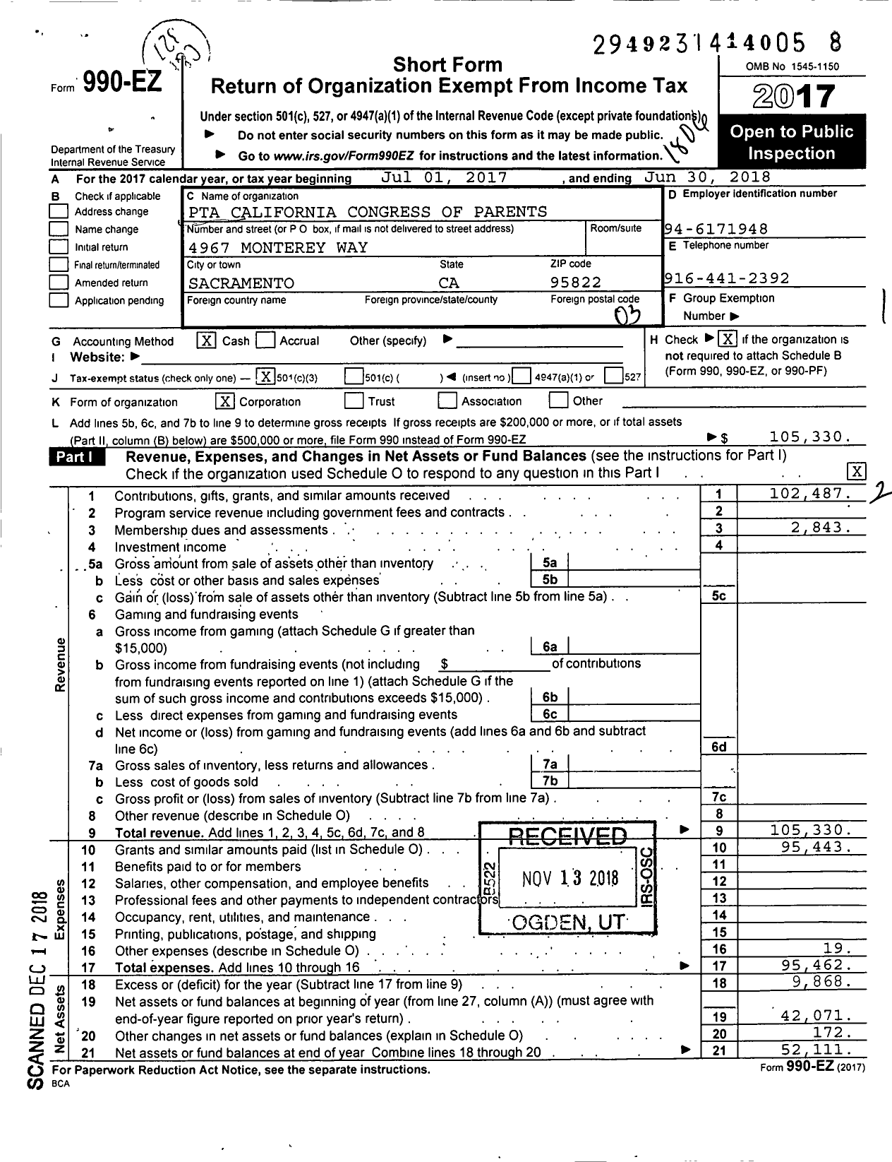 Image of first page of 2017 Form 990EZ for California State PTA - Sutterville Elementary PTA