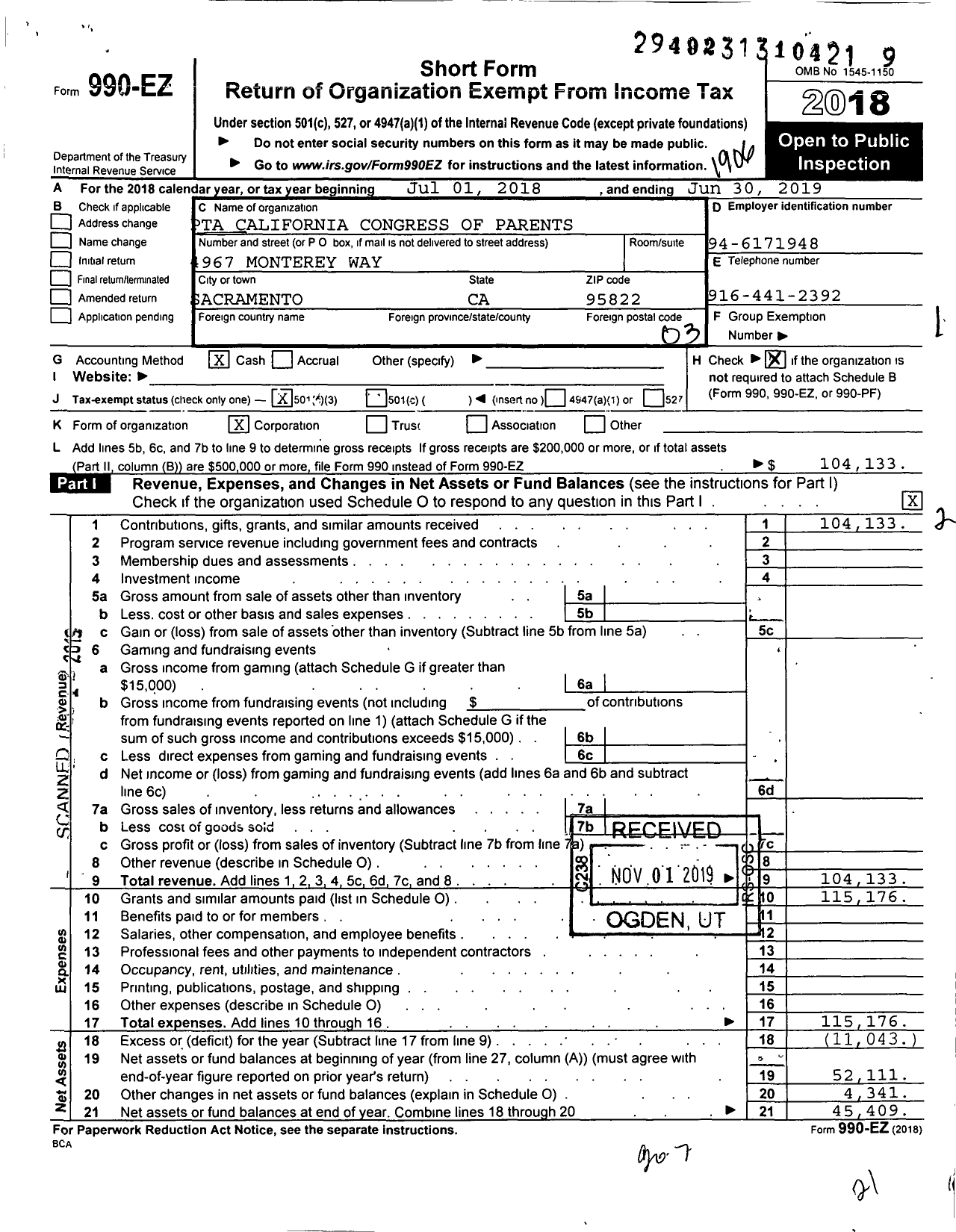 Image of first page of 2018 Form 990EZ for California State PTA - Sutterville Elementary PTA