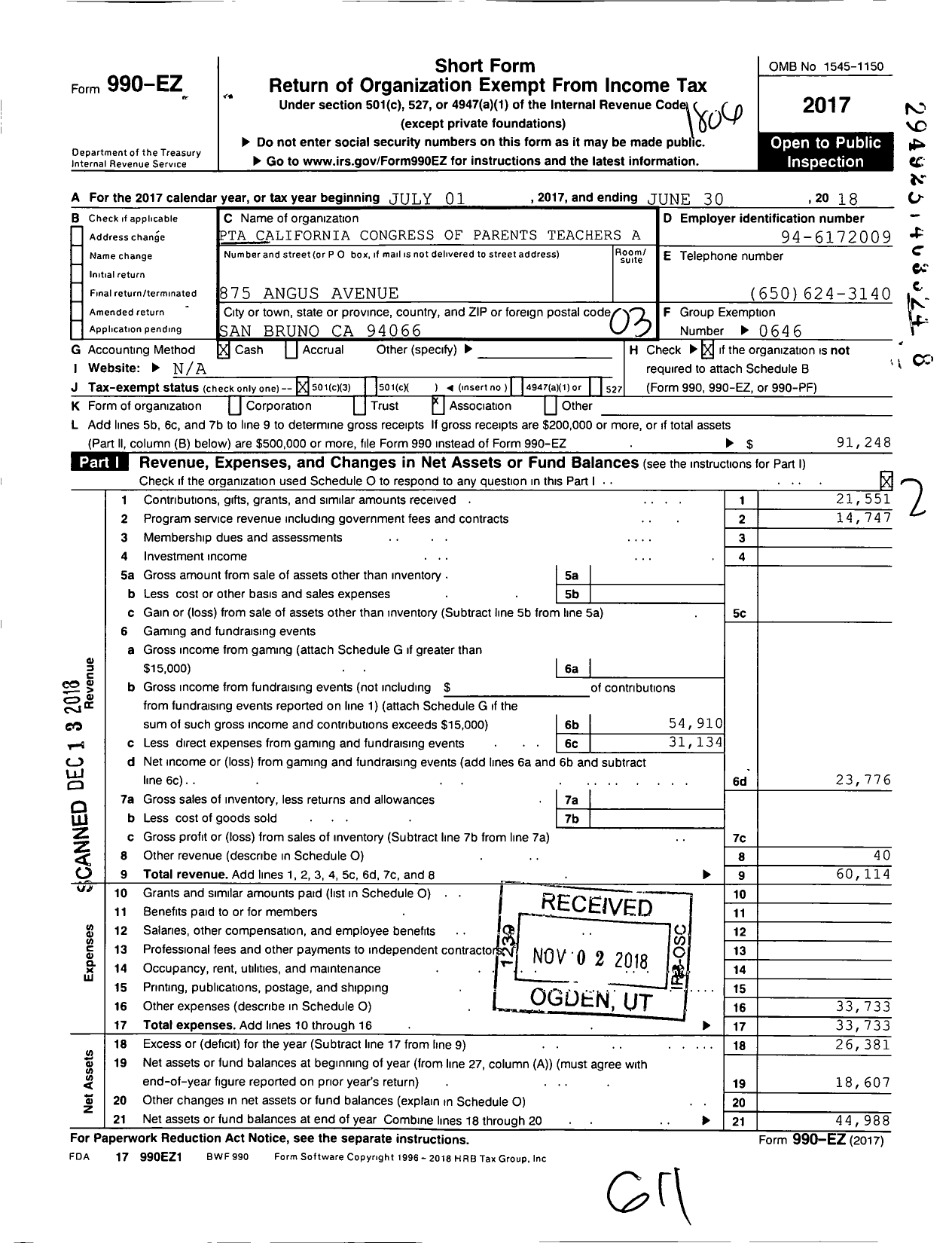 Image of first page of 2017 Form 990EZ for California State PTA - Allen Elementary PTA