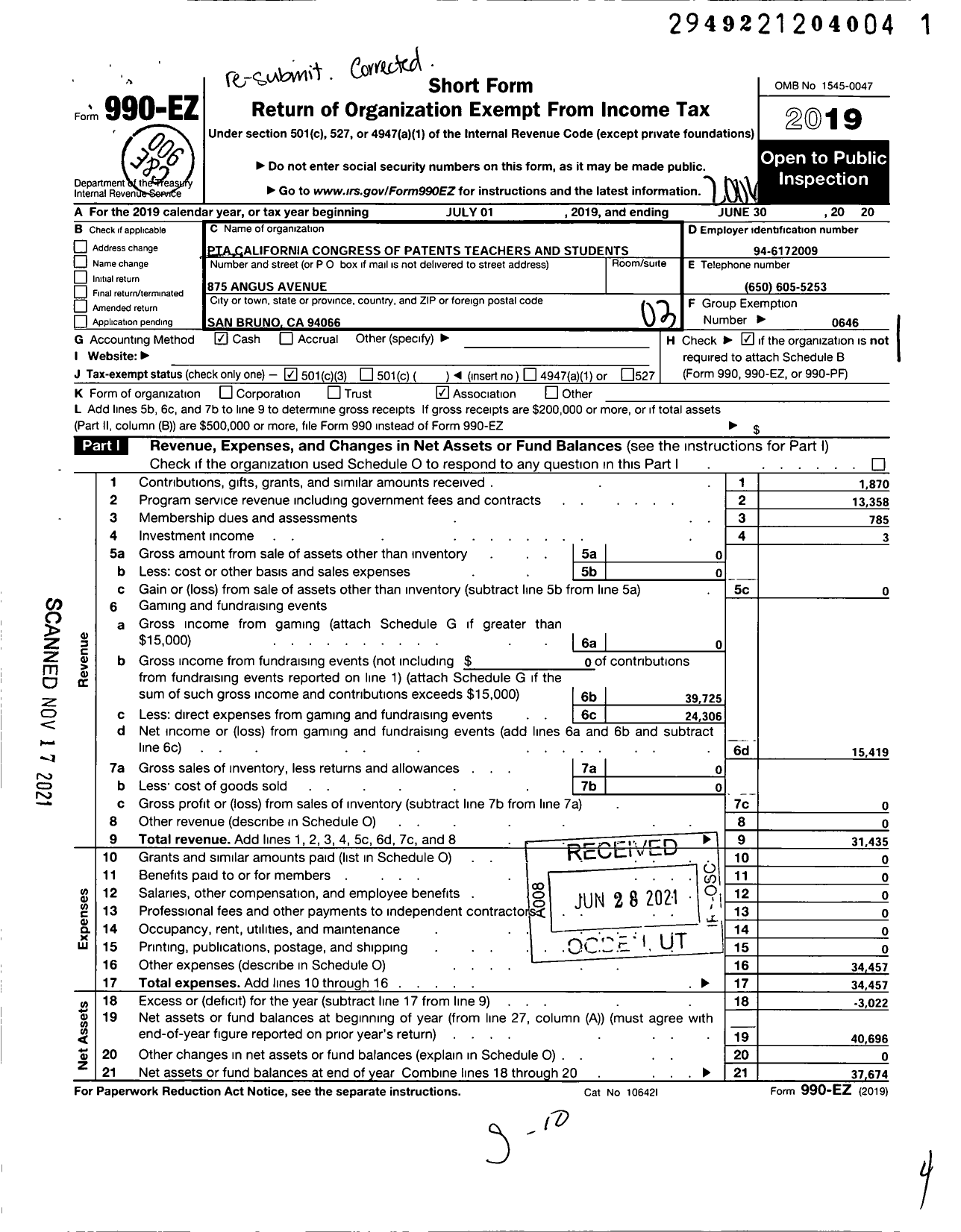 Image of first page of 2019 Form 990EZ for California State PTA - Allen Elementary PTA