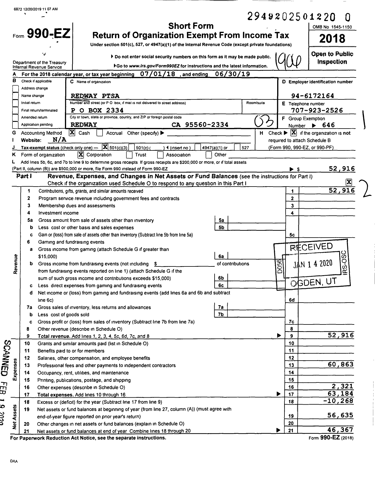 Image of first page of 2018 Form 990EZ for California State PTA - Redway PTSA