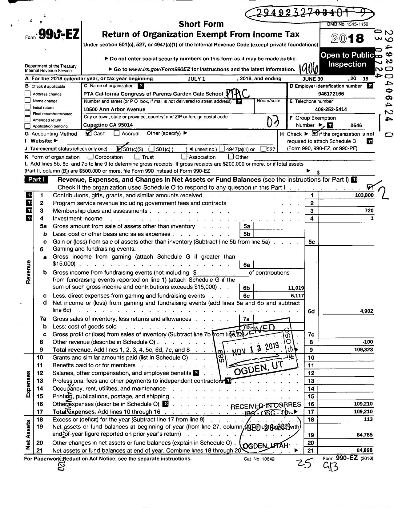 Image of first page of 2018 Form 990EZ for California State PTA - Garden Gate Elementary PTA