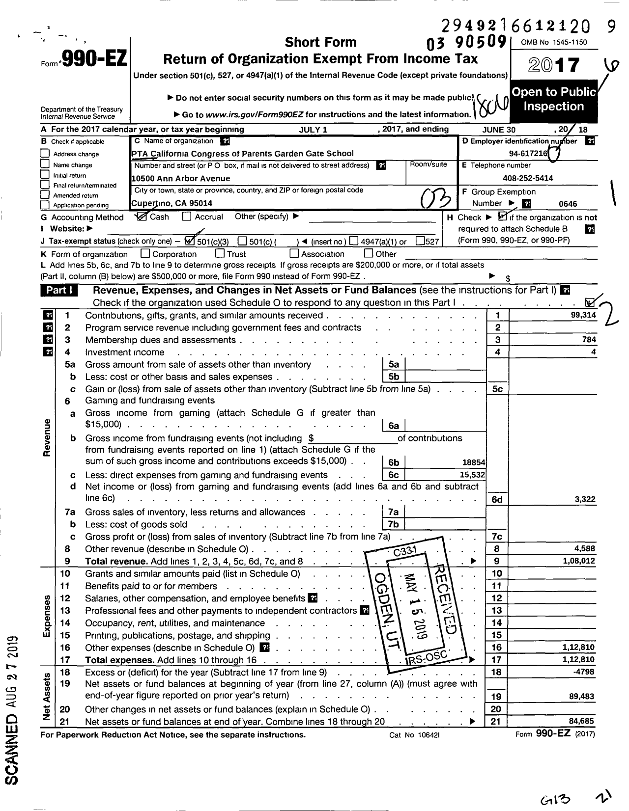Image of first page of 2017 Form 990EZ for California State PTA - Garden Gate Elementary PTA