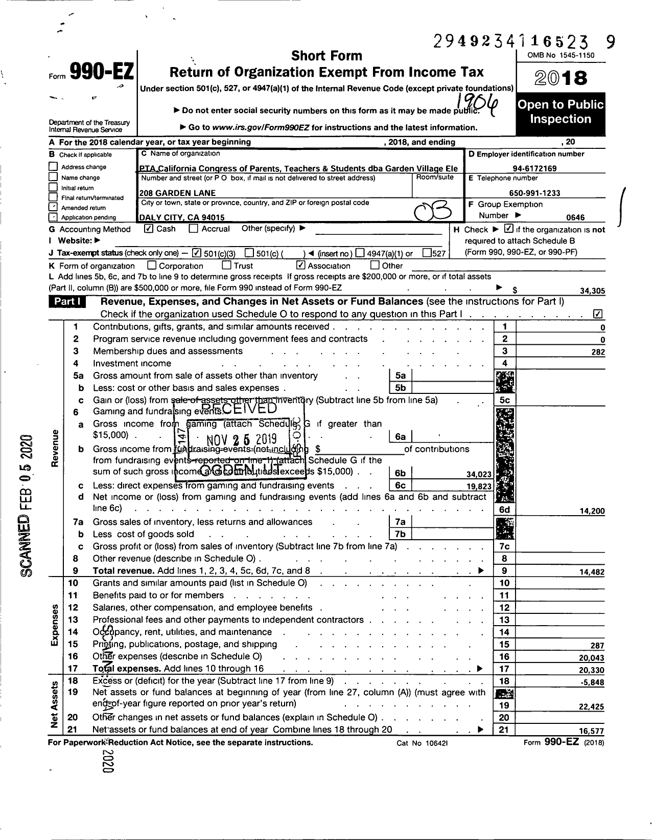 Image of first page of 2018 Form 990EZ for California State PTA - Garden Village Elementary PTA