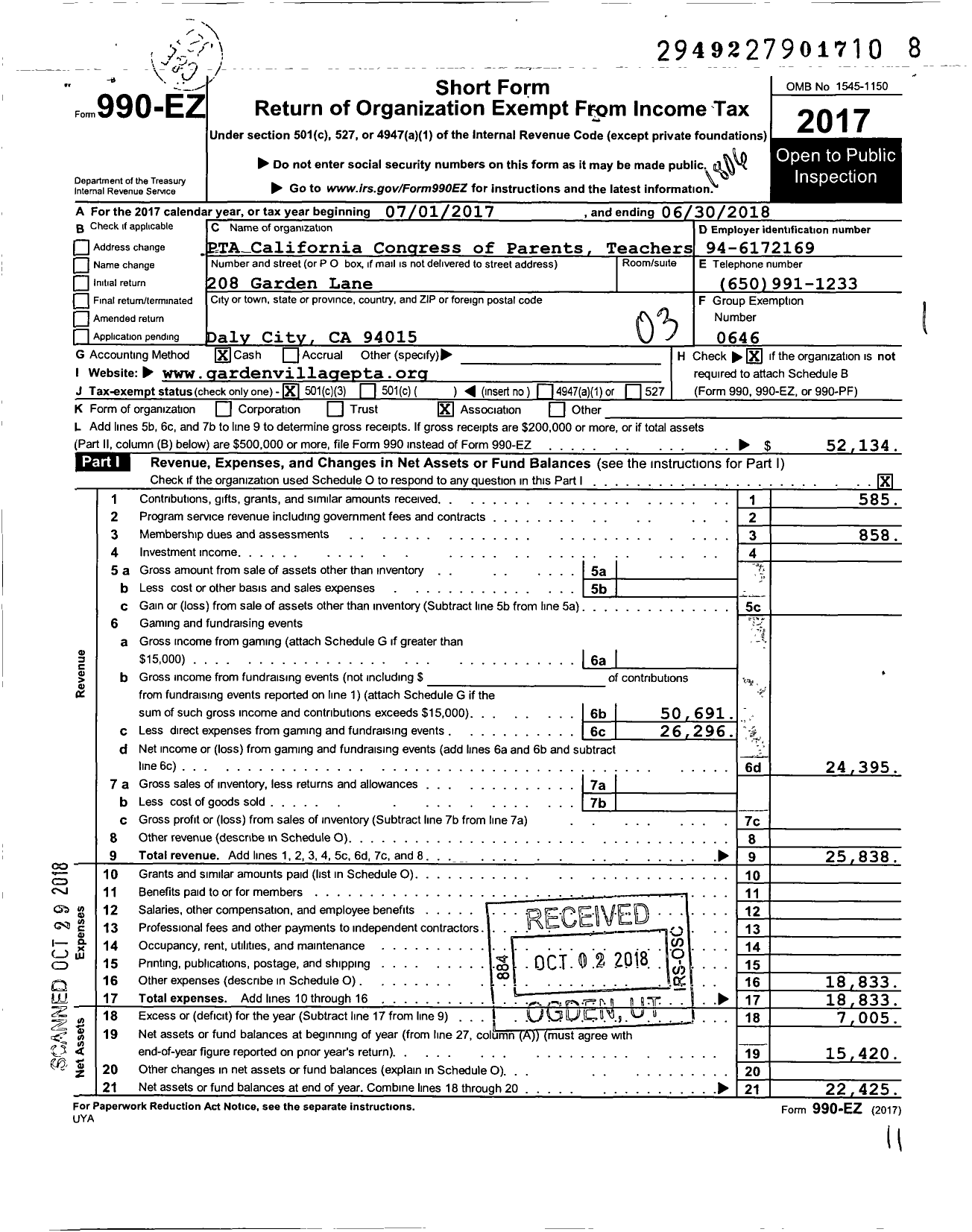 Image of first page of 2017 Form 990EZ for California State PTA - Garden Village Elementary PTA