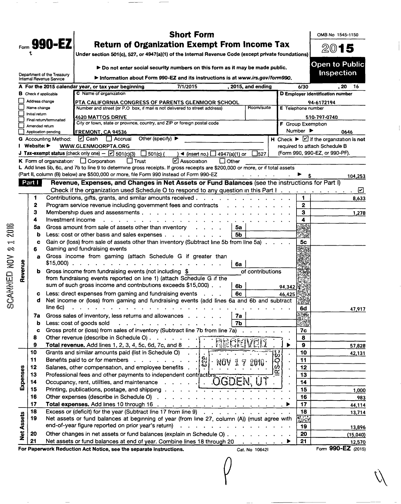 Image of first page of 2015 Form 990EZ for California State PTA - Glenmoor Elementary PTA