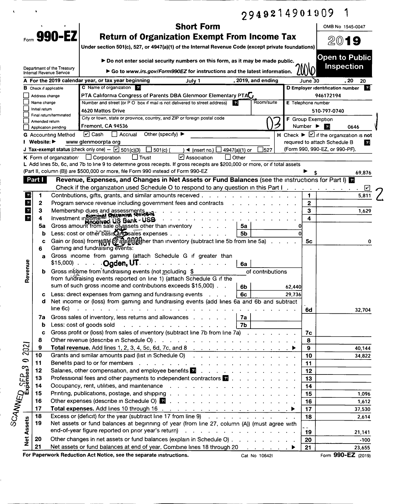 Image of first page of 2019 Form 990EZ for California State PTA - Glenmoor Elementary PTA