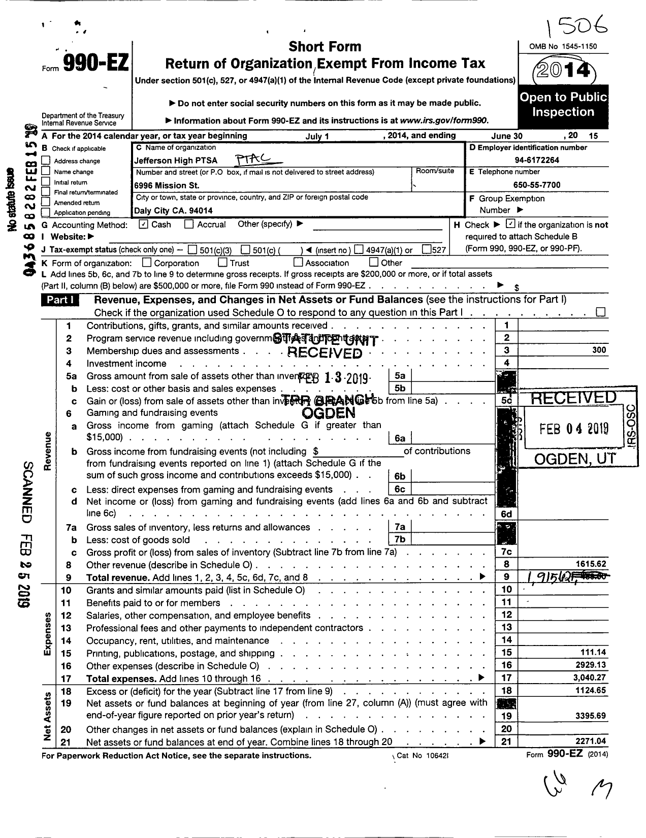 Image of first page of 2014 Form 990EOA for California State PTA - Jefferson Council of Ptas