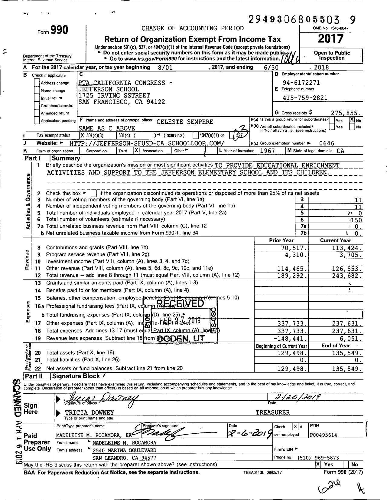 Image of first page of 2017 Form 990 for California State PTA - Jefferson Elementary School PTA