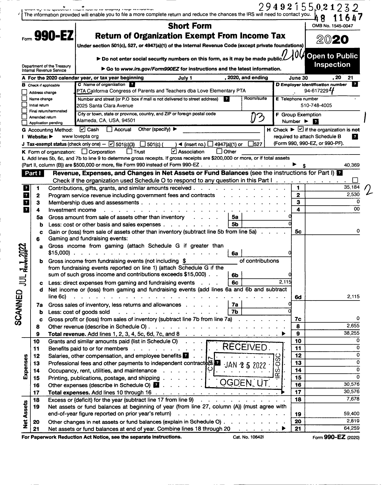 Image of first page of 2020 Form 990EZ for California State PTA - Love Elementary PTA