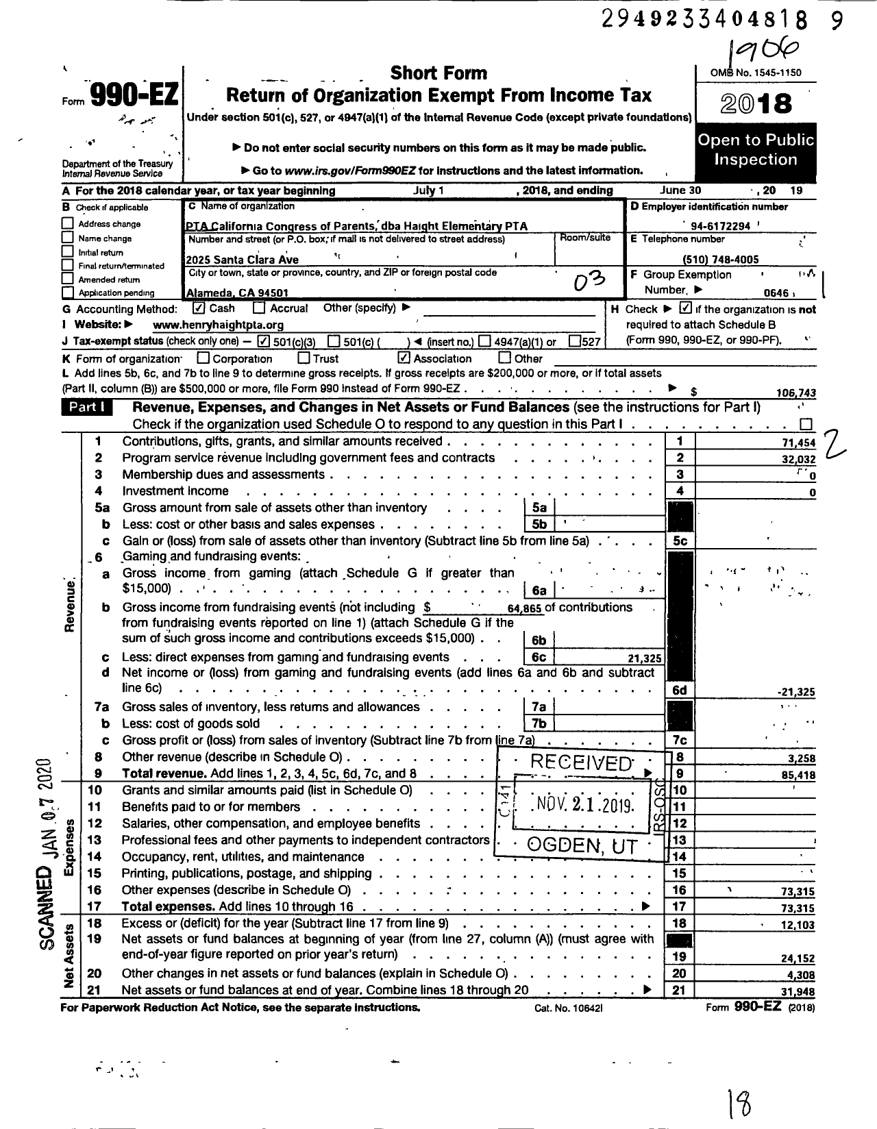 Image of first page of 2018 Form 990EZ for California State PTA - Love Elementary PTA