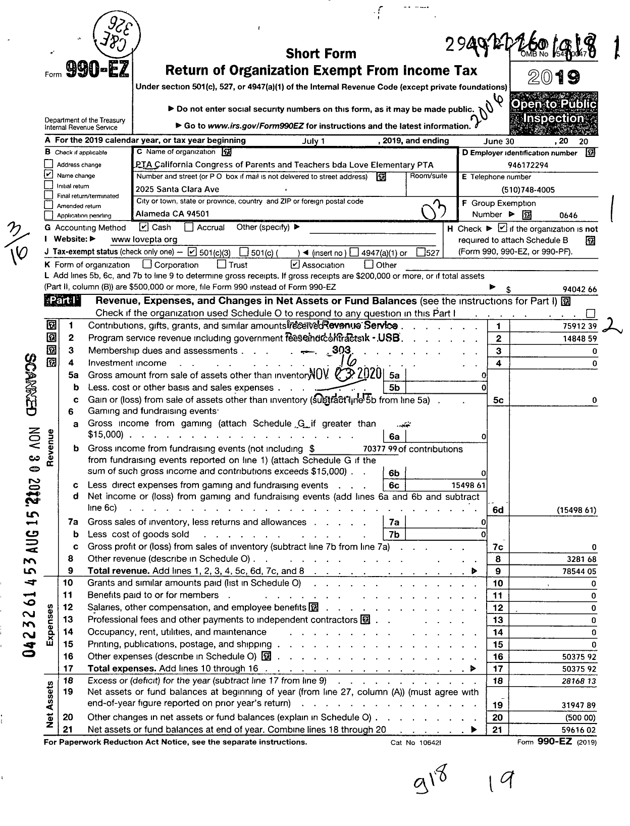 Image of first page of 2019 Form 990EZ for California State PTA - Love Elementary PTA