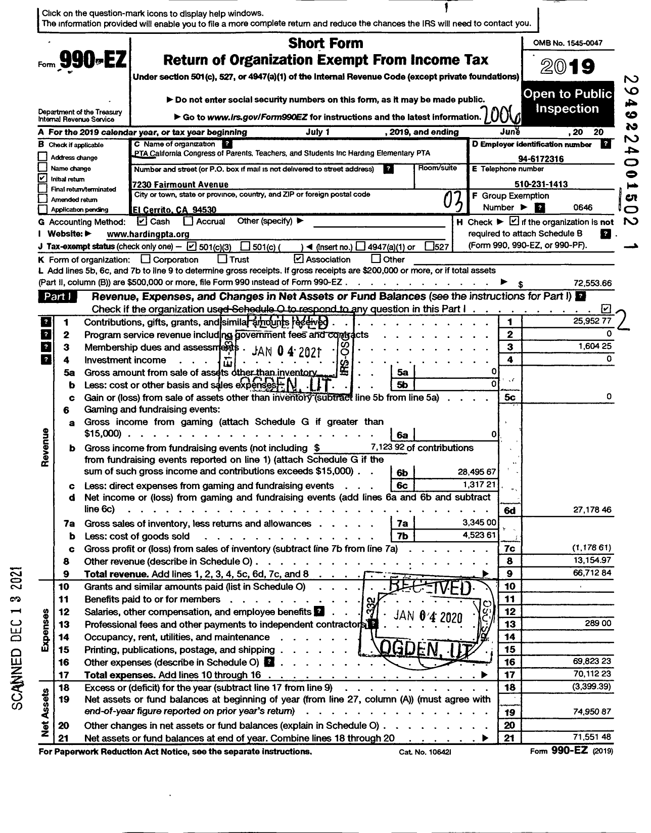 Image of first page of 2019 Form 990EZ for California State PTA - Harding Elementary PTA