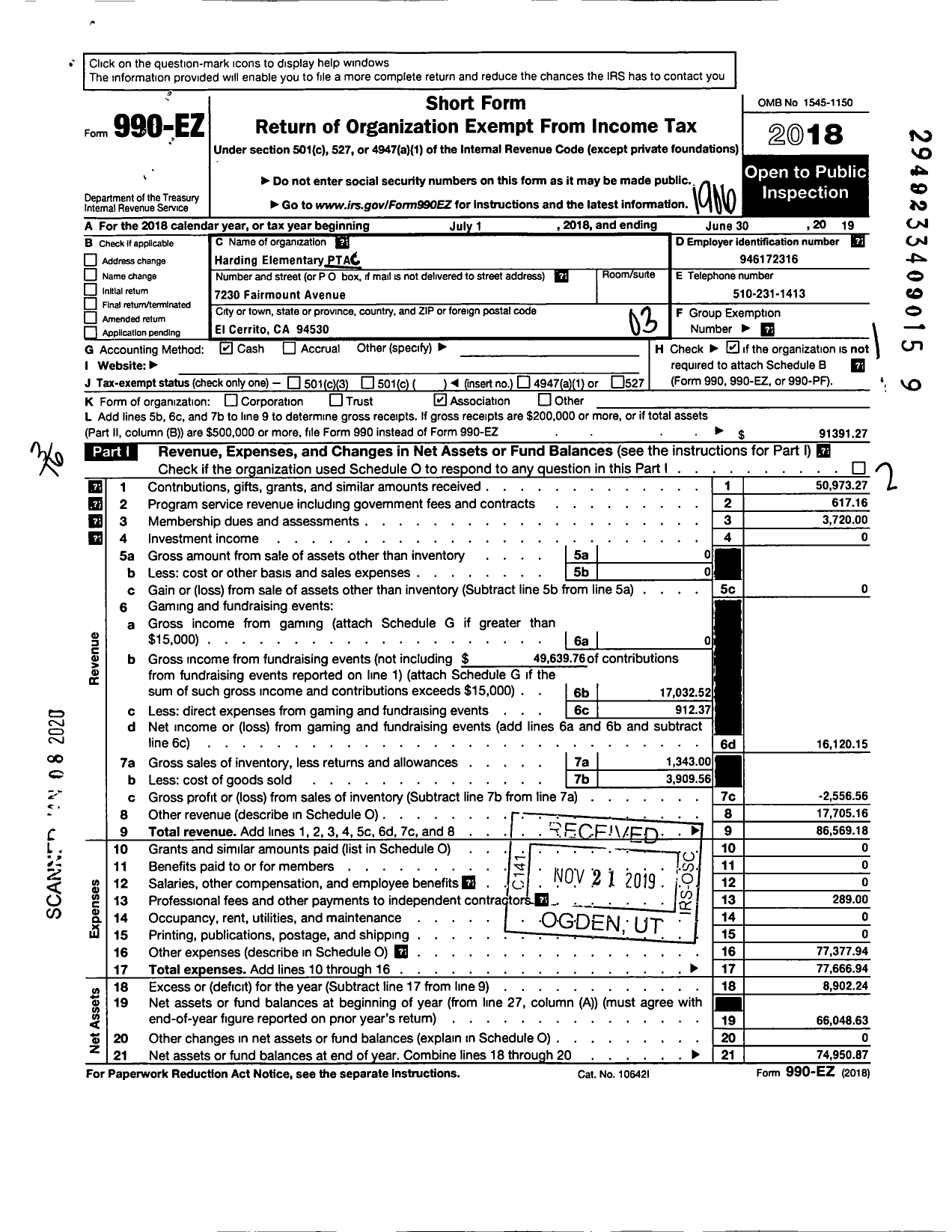 Image of first page of 2018 Form 990EZ for California State PTA - Harding Elementary PTA