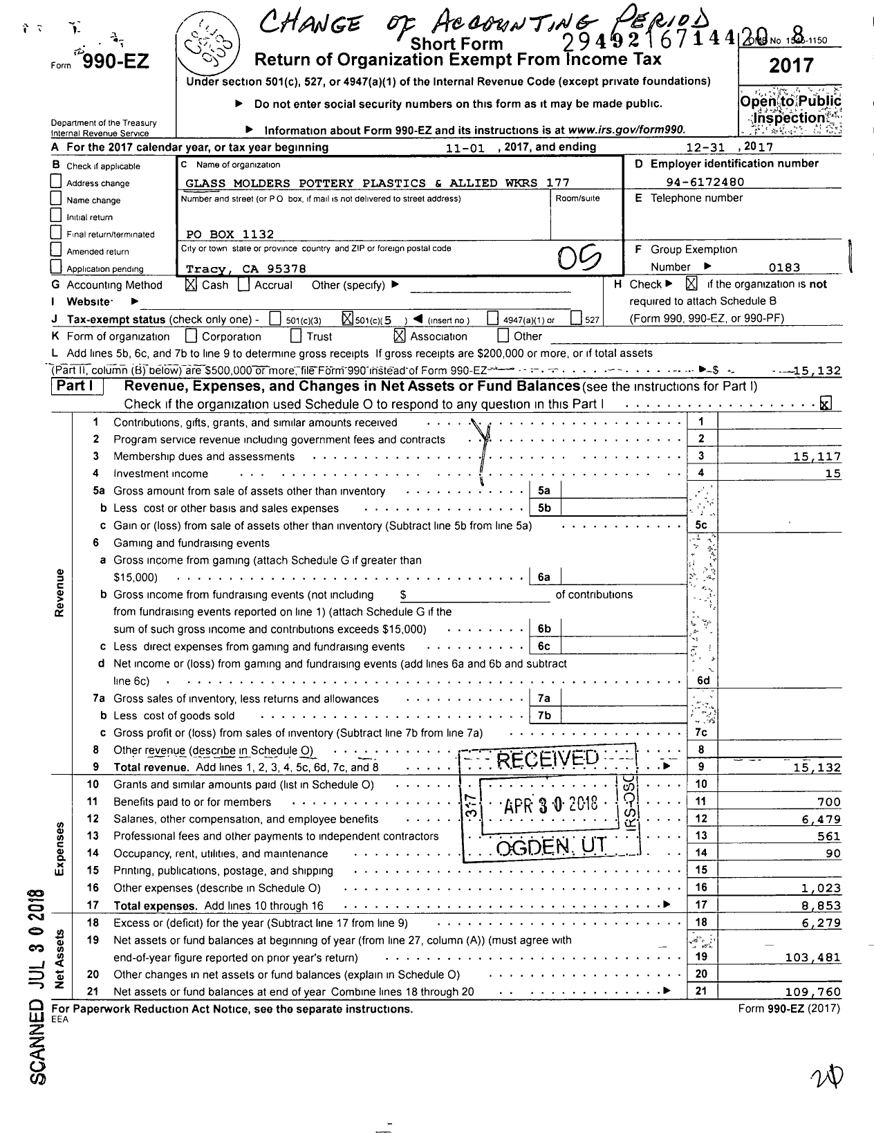 Image of first page of 2017 Form 990EO for United Steelworkers - 177M Local