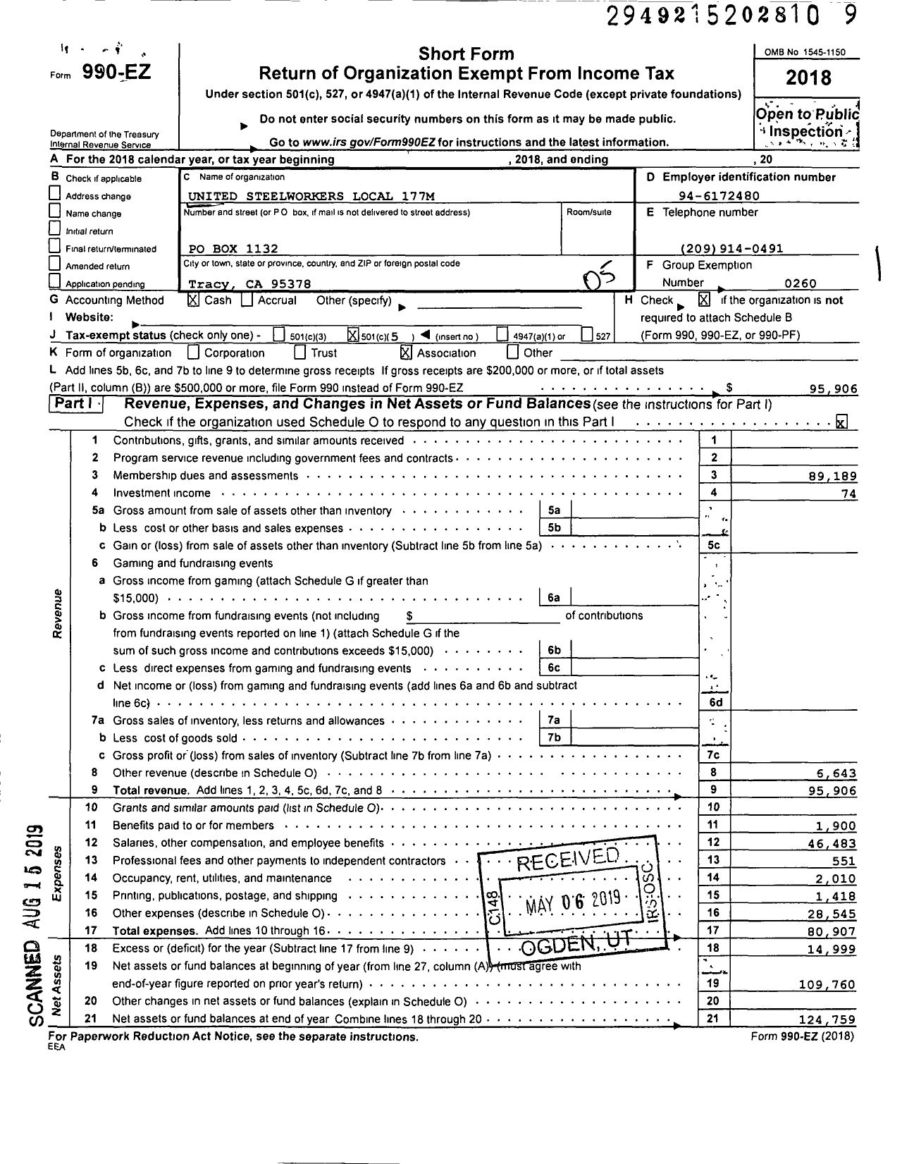 Image of first page of 2018 Form 990EO for United Steelworkers - 177M Local