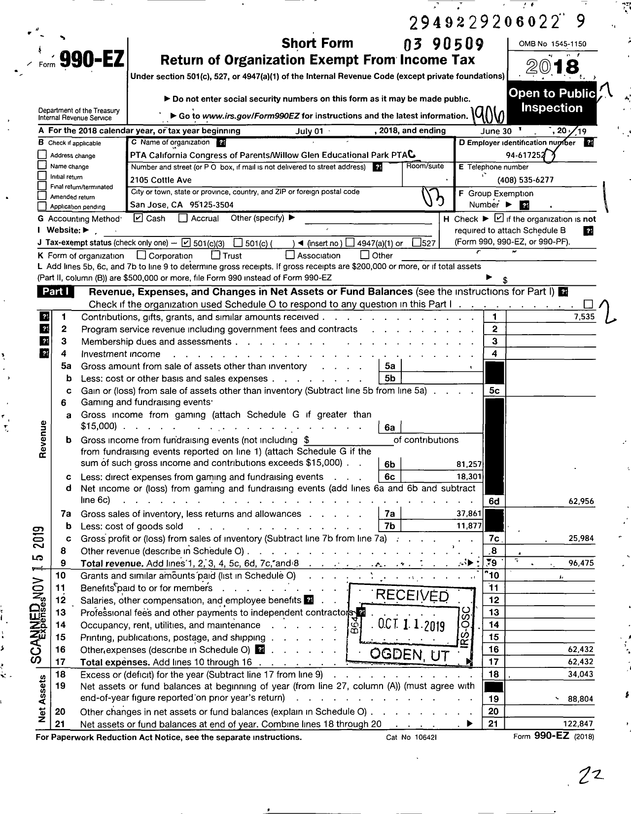 Image of first page of 2018 Form 990EZ for California State PTA - Willow Glen Educational Park PTA