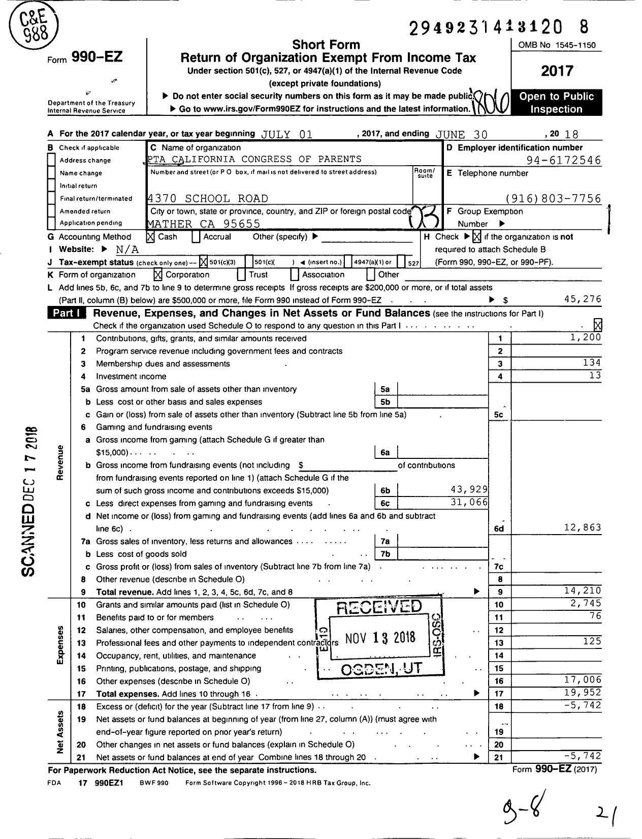 Image of first page of 2017 Form 990EZ for California State PTA - Mather Heights Elementary SCH PTA