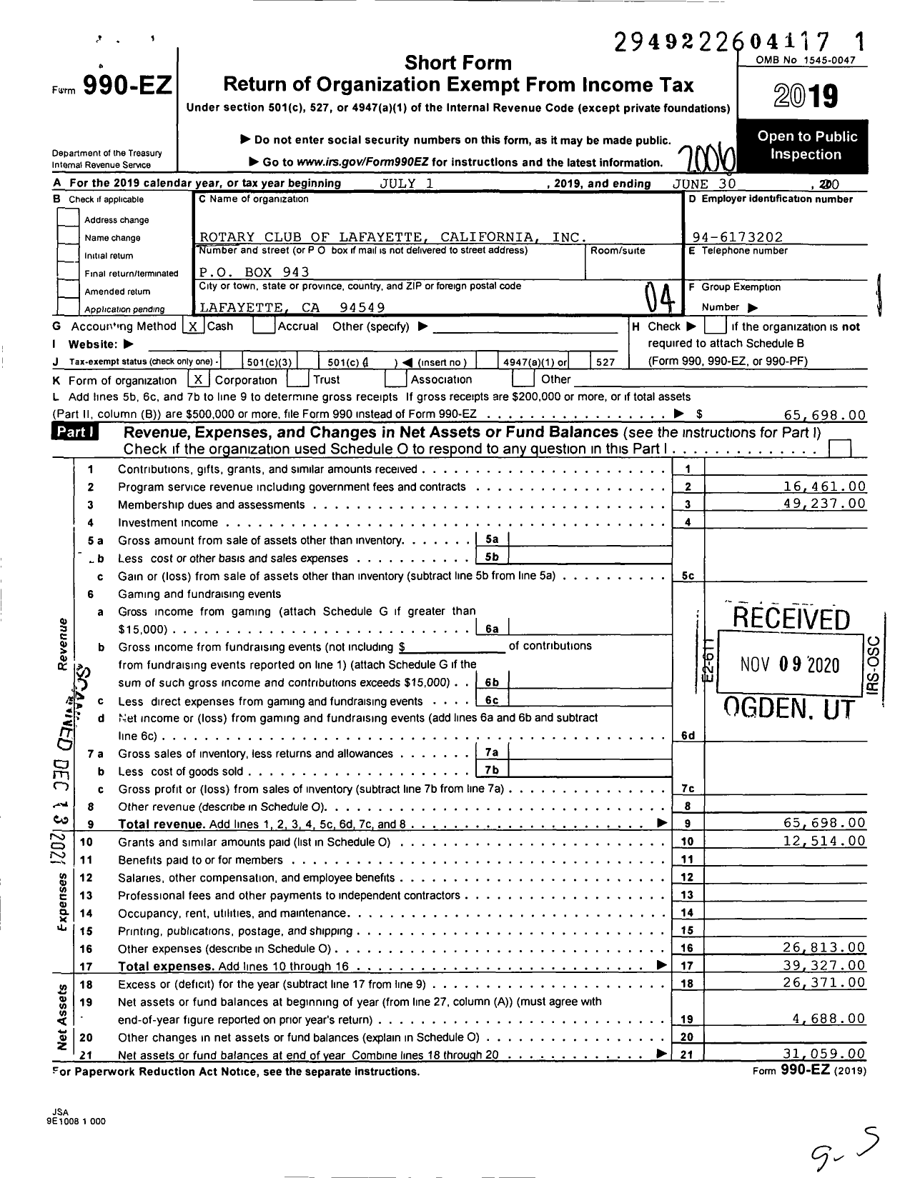 Image of first page of 2019 Form 990EO for ROTARY INTERNATIONAL - Lafayette