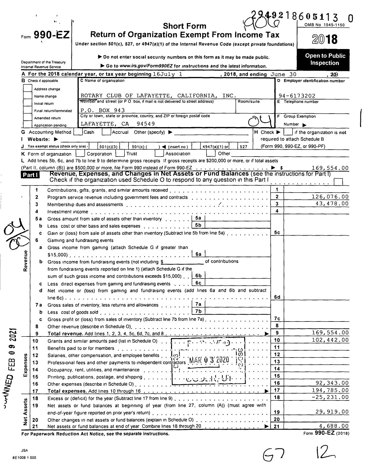 Image of first page of 2018 Form 990EO for ROTARY INTERNATIONAL - Lafayette