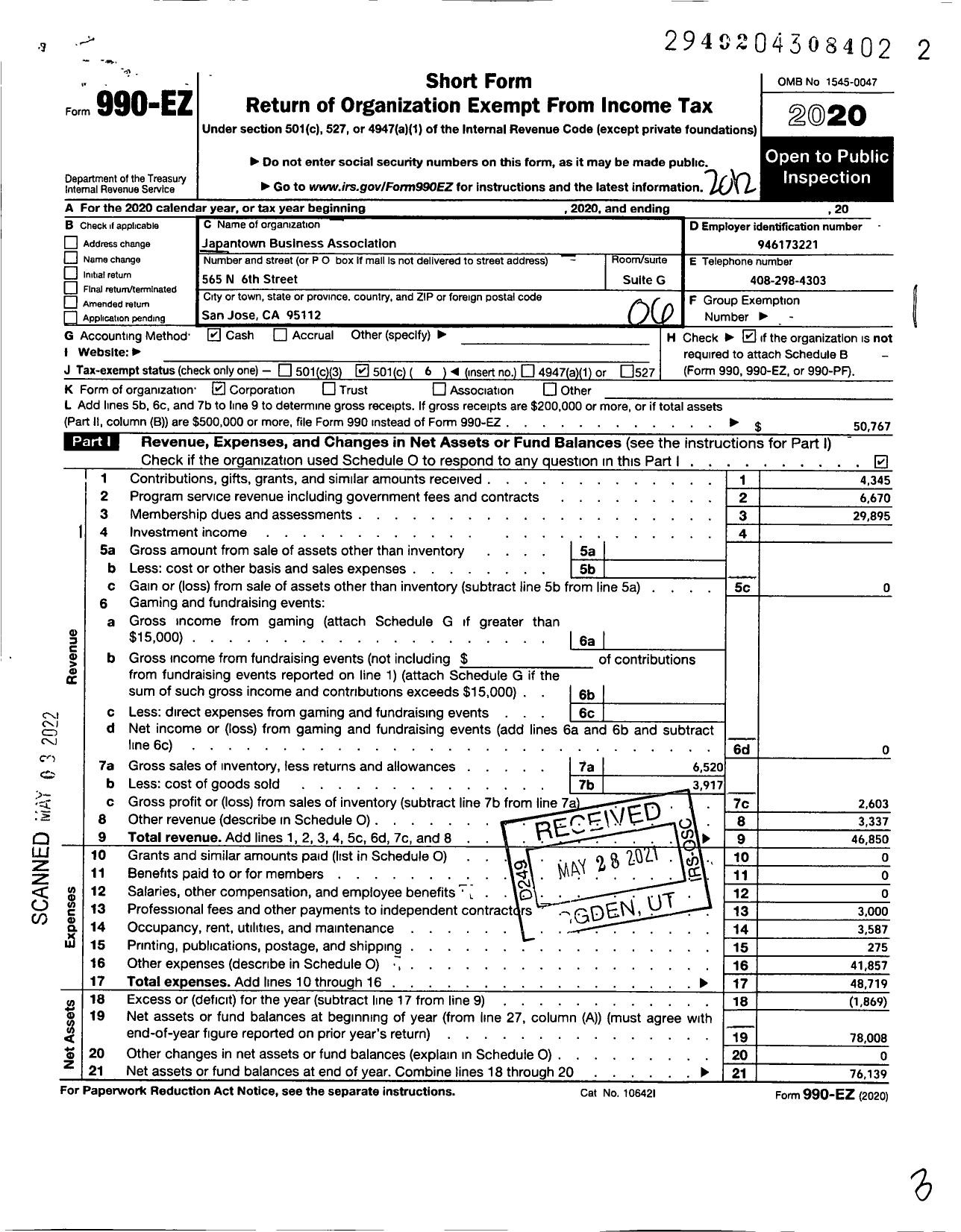 Image of first page of 2020 Form 990EO for Japantown Business Association