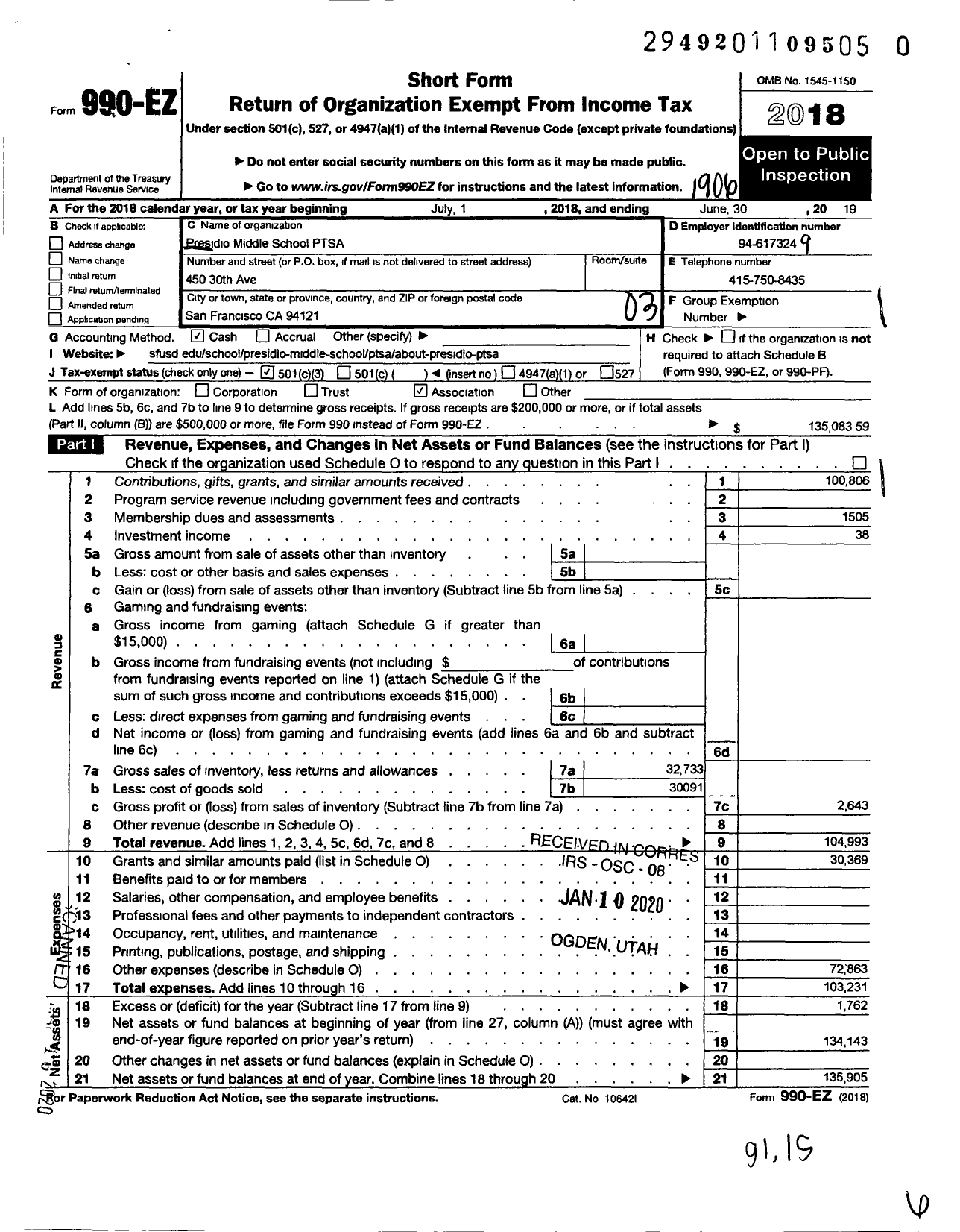 Image of first page of 2018 Form 990EZ for California State PTA - 328 Presidio Middle School PTSA