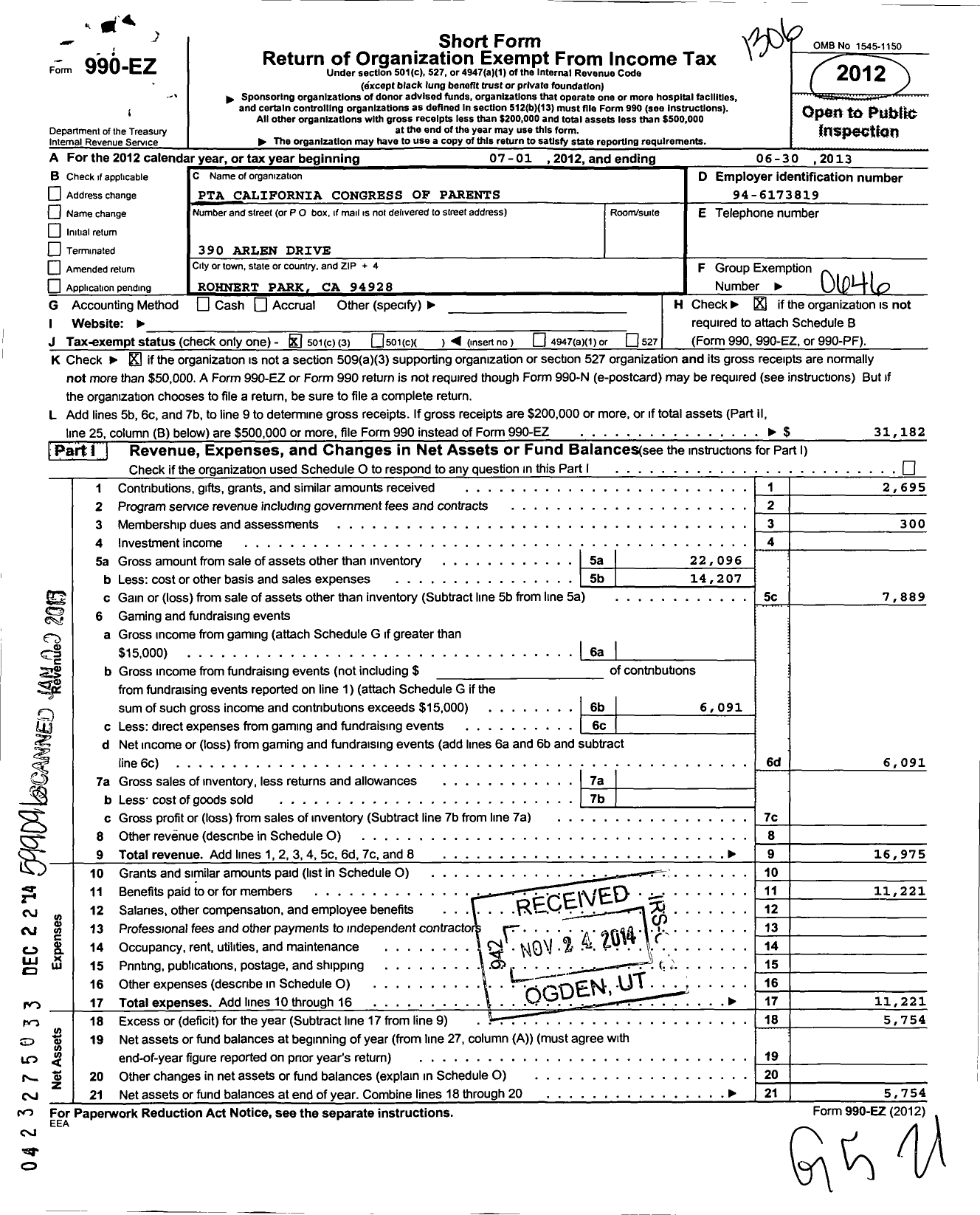 Image of first page of 2012 Form 990EZ for California State PTA - John Reed PTA