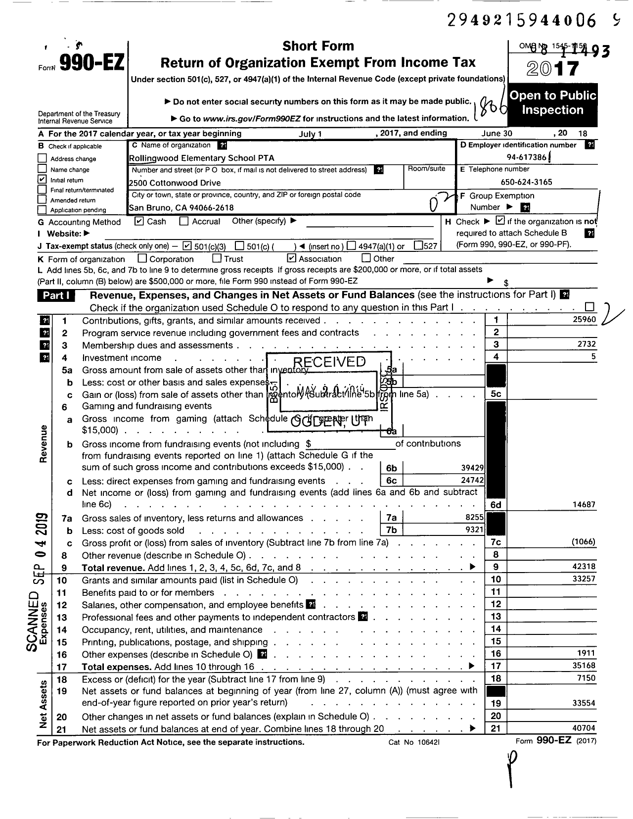 Image of first page of 2017 Form 990EZ for California State PTA - Rollingwood Elementary PTA