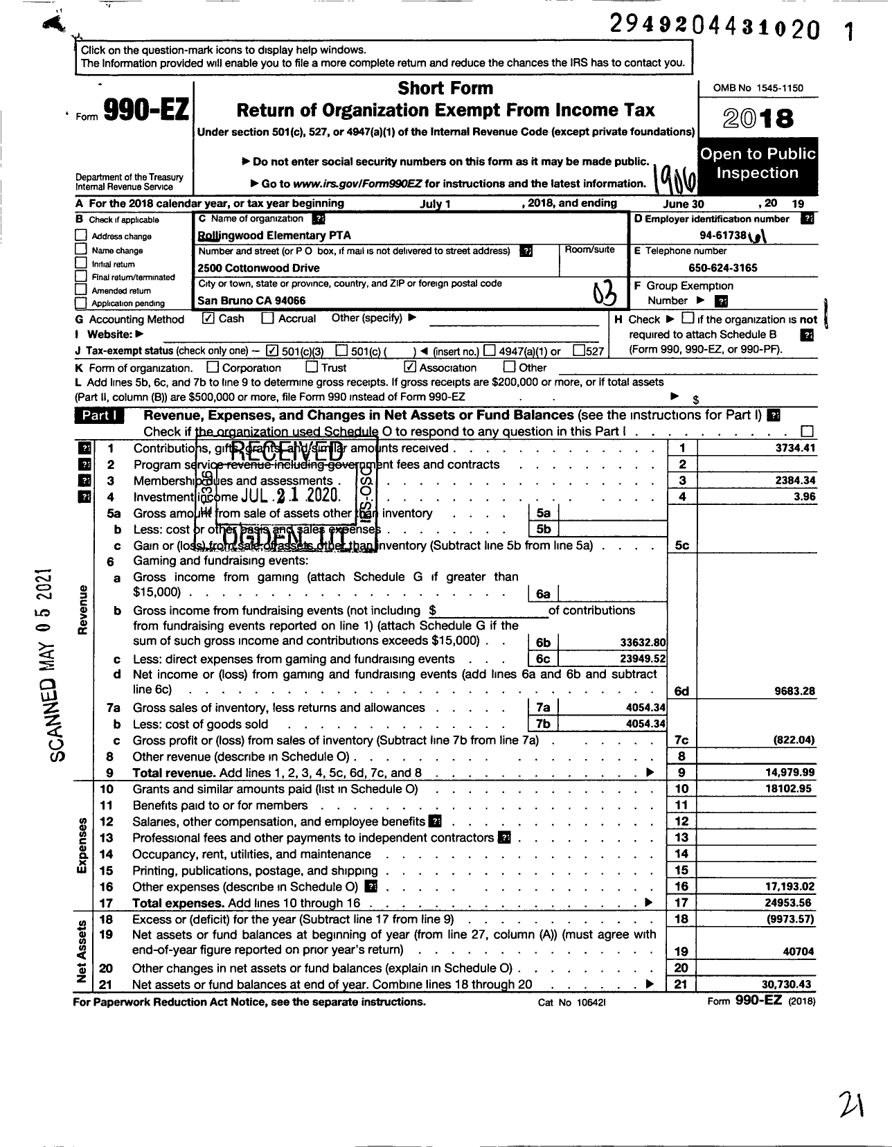 Image of first page of 2018 Form 990EZ for California State PTA - Rollingwood Elementary PTA