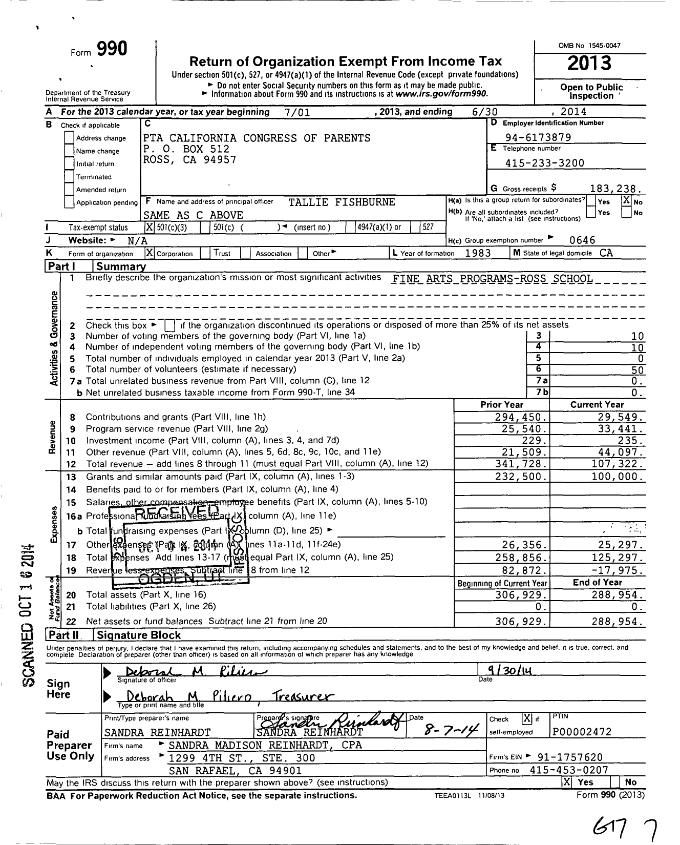 Image of first page of 2013 Form 990 for California State PTA - Ross Elementary PTA