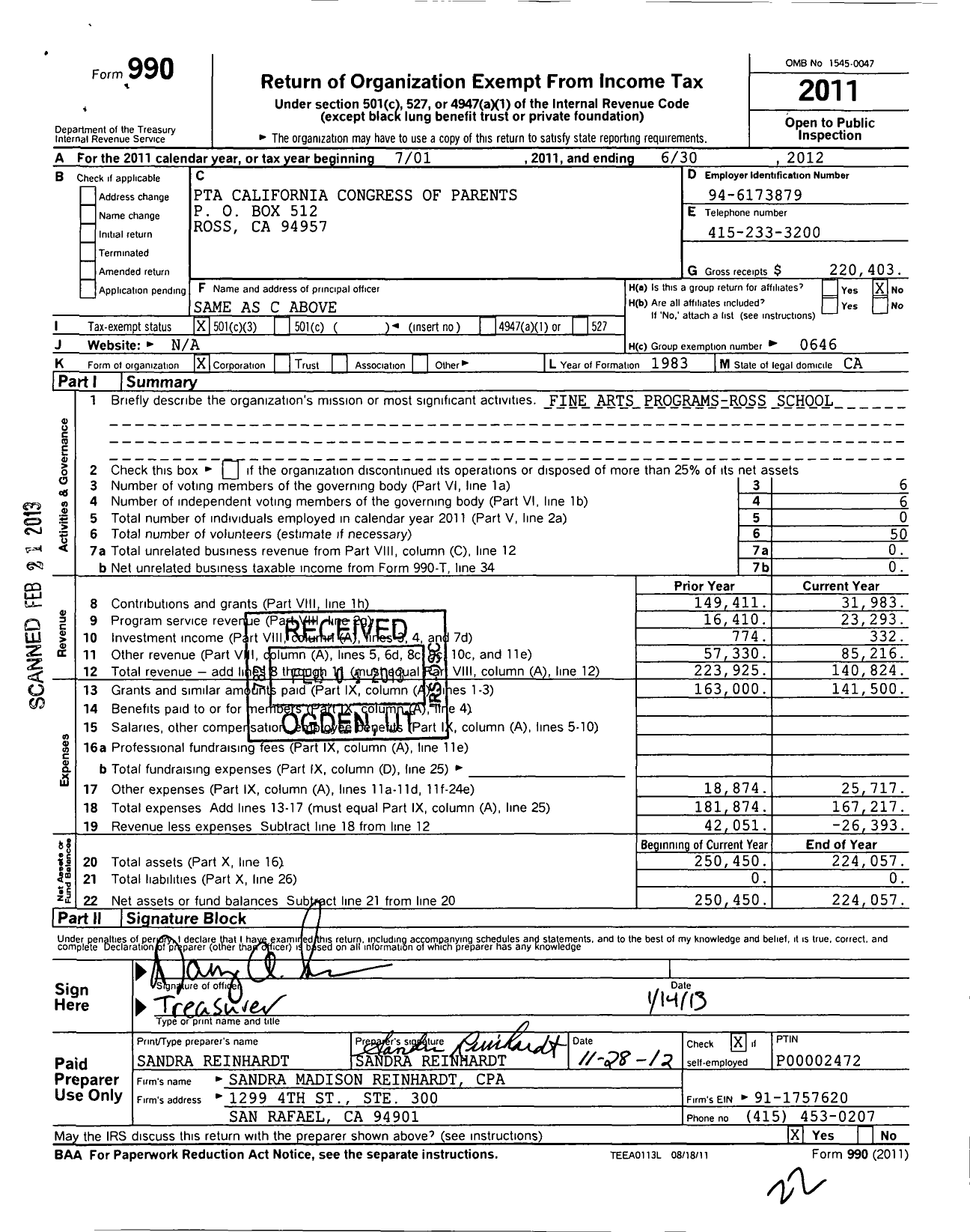 Image of first page of 2011 Form 990 for California State PTA - Ross Elementary PTA