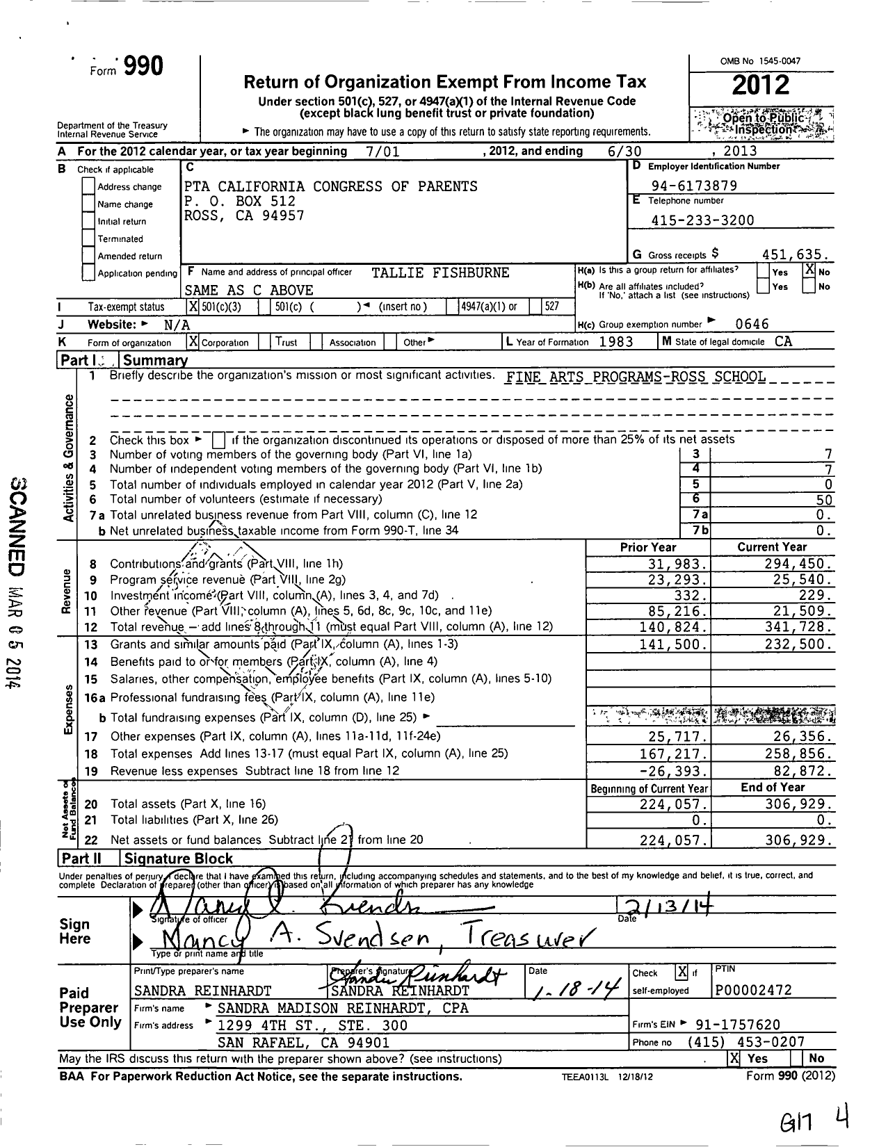 Image of first page of 2012 Form 990 for California State PTA - Ross Elementary PTA