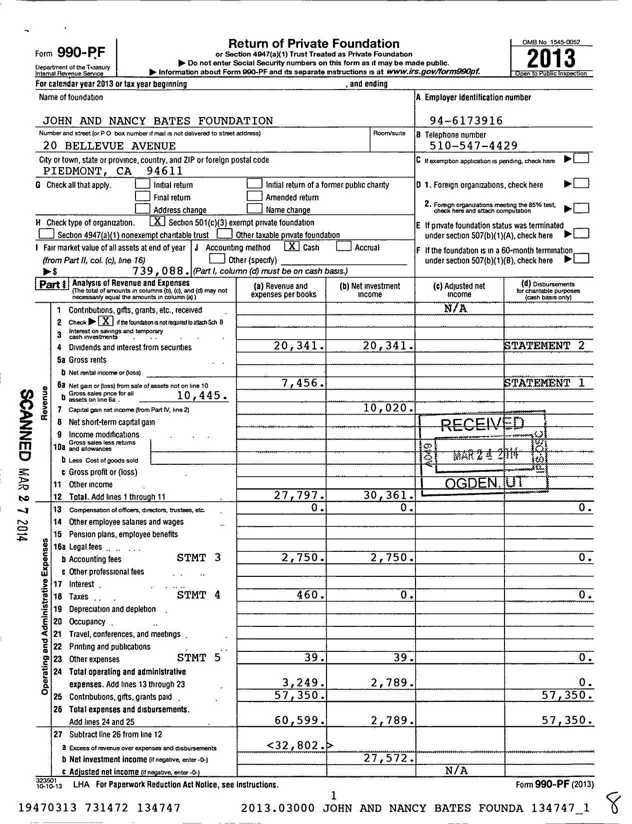 Image of first page of 2013 Form 990PF for John and Nancy Bates Foundation