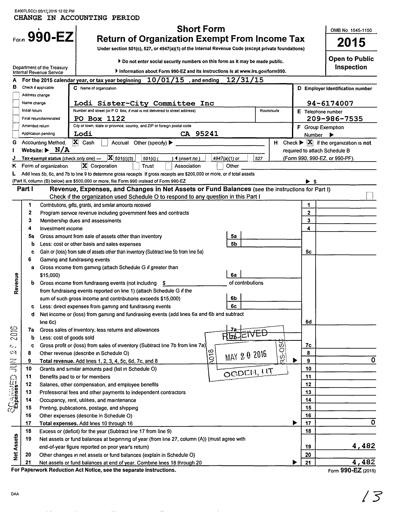 Image of first page of 2015 Form 990EZ for Lodi Sister-City Committee