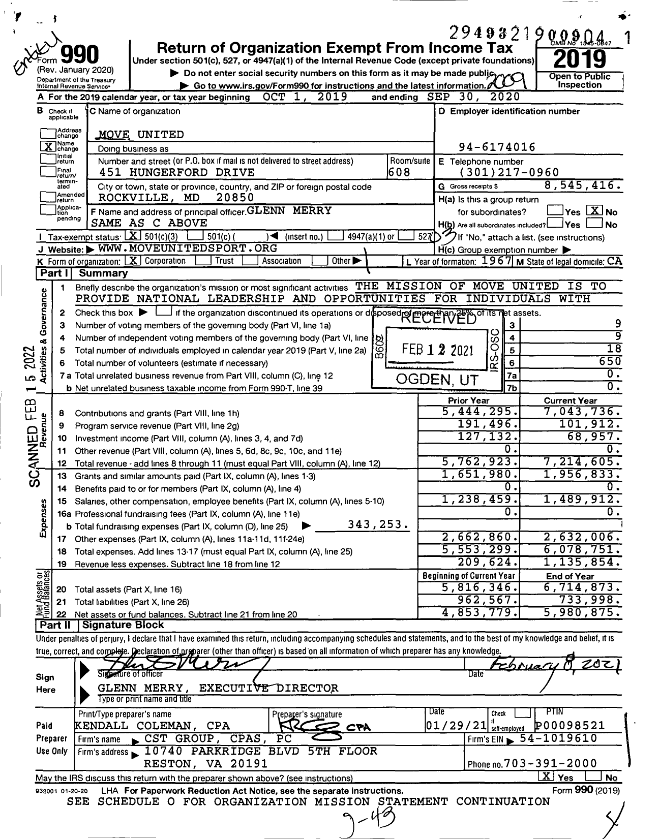 Image of first page of 2019 Form 990 for Move United (DSUSA)