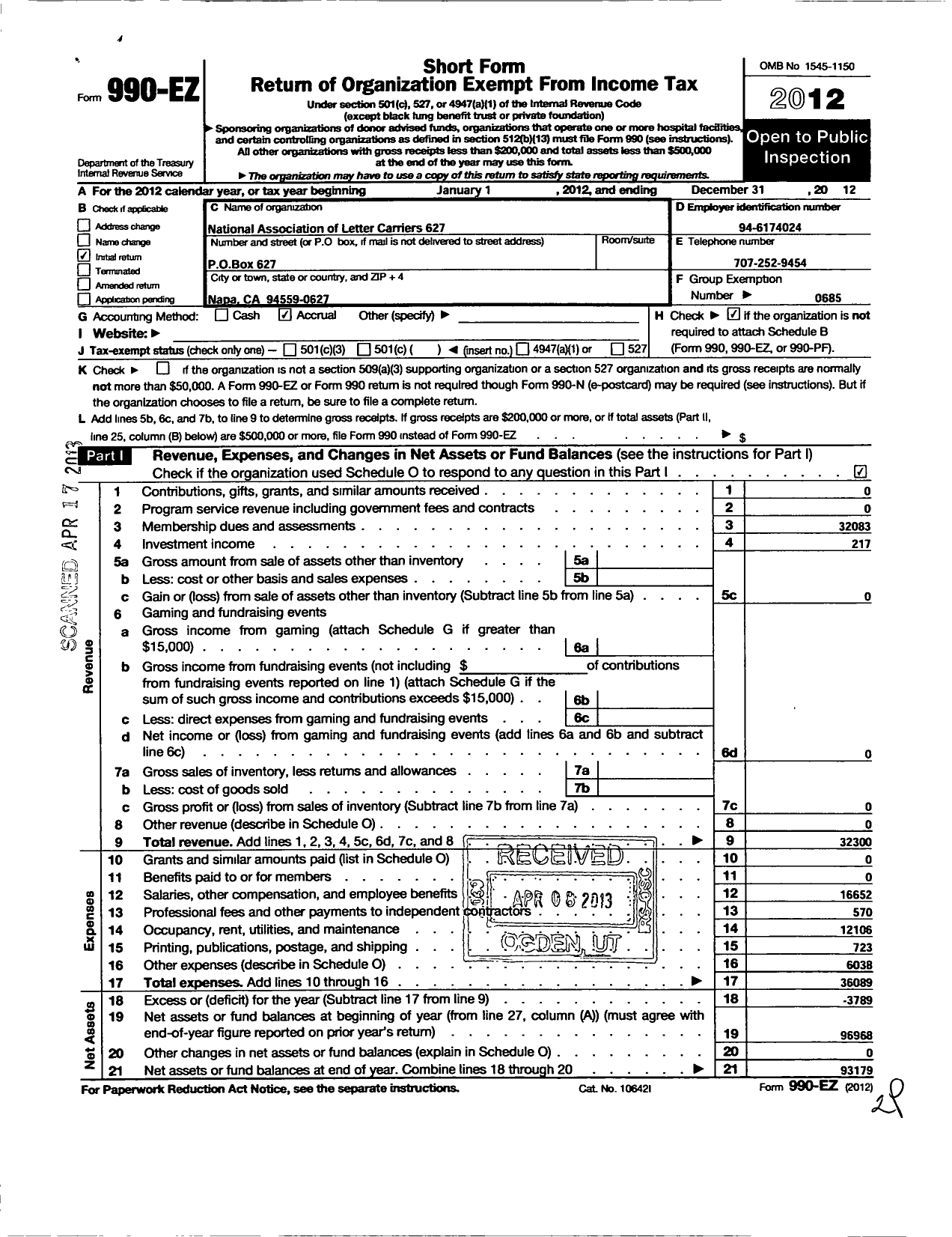 Image of first page of 2012 Form 990EO for National Association of Letter Carriers - 627 Napa California