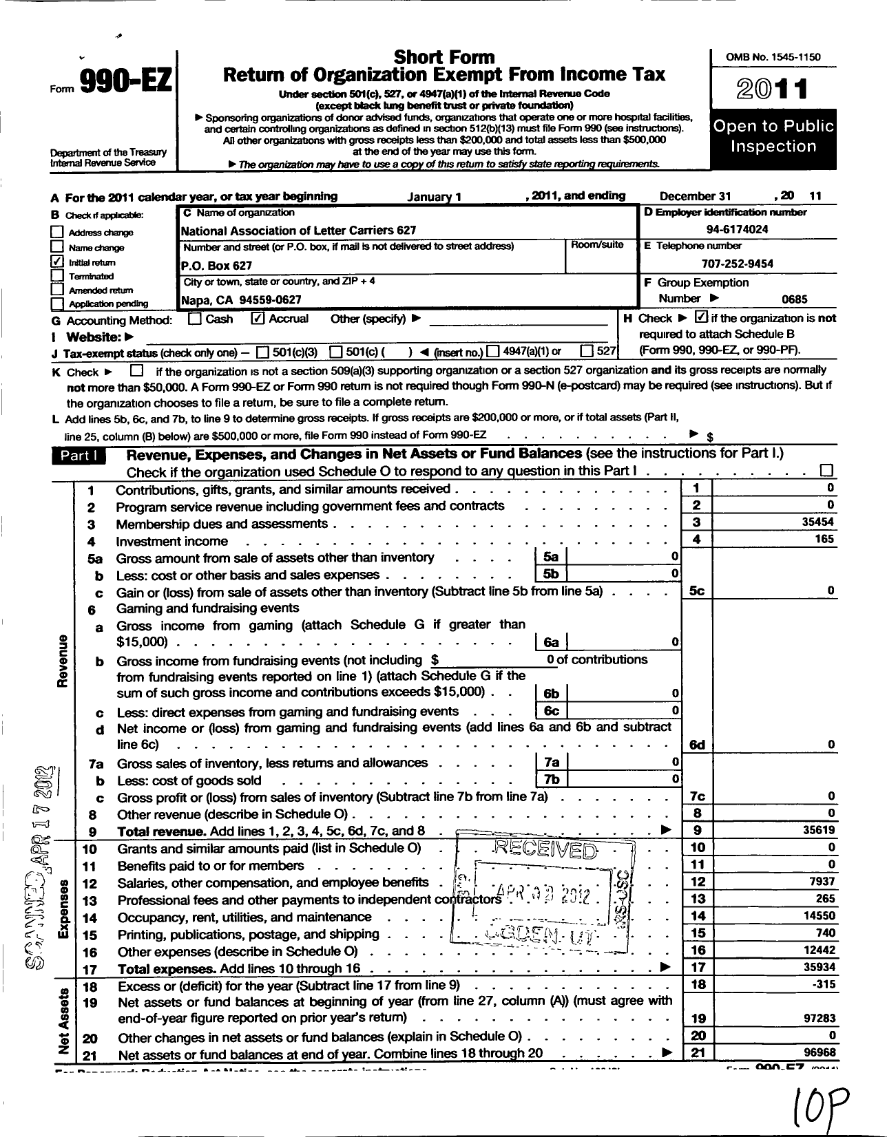 Image of first page of 2011 Form 990EO for National Association of Letter Carriers - 627 Napa California