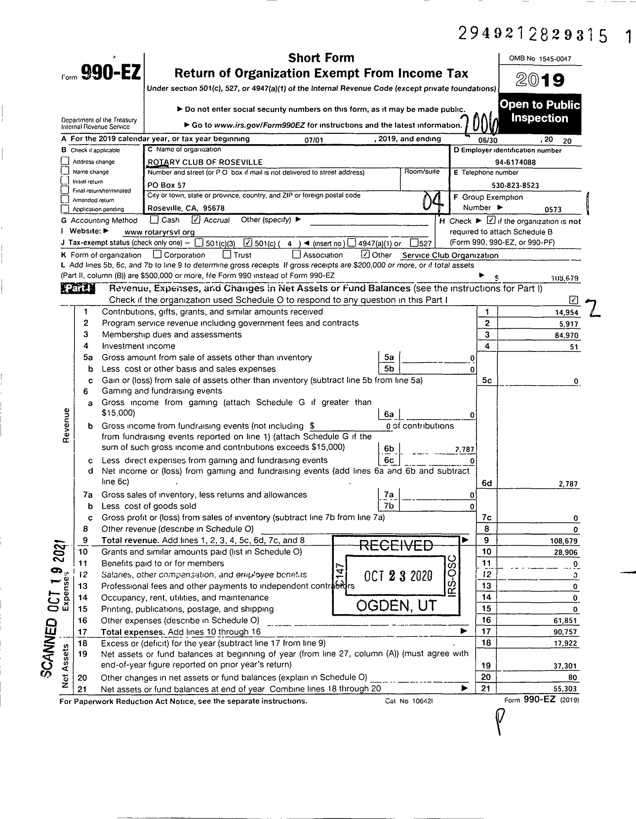 Image of first page of 2019 Form 990EO for Rotary International - Roseville California Rotary Club