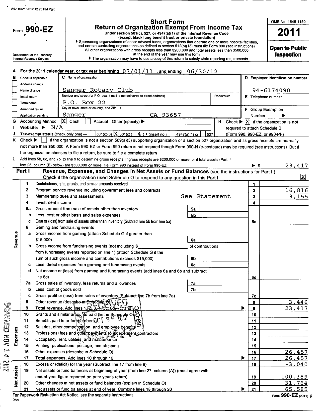 Image of first page of 2011 Form 990EO for Rotary International - Sanger Rotary Club