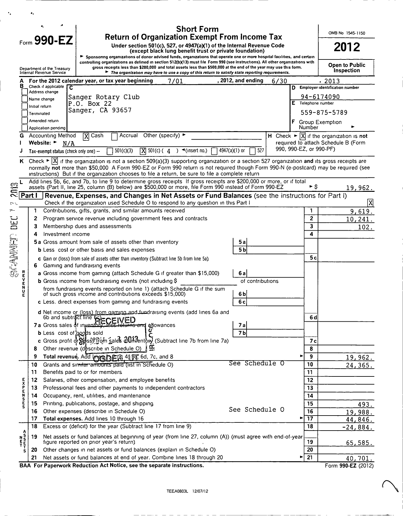 Image of first page of 2012 Form 990EO for Rotary International - Sanger Rotary Club