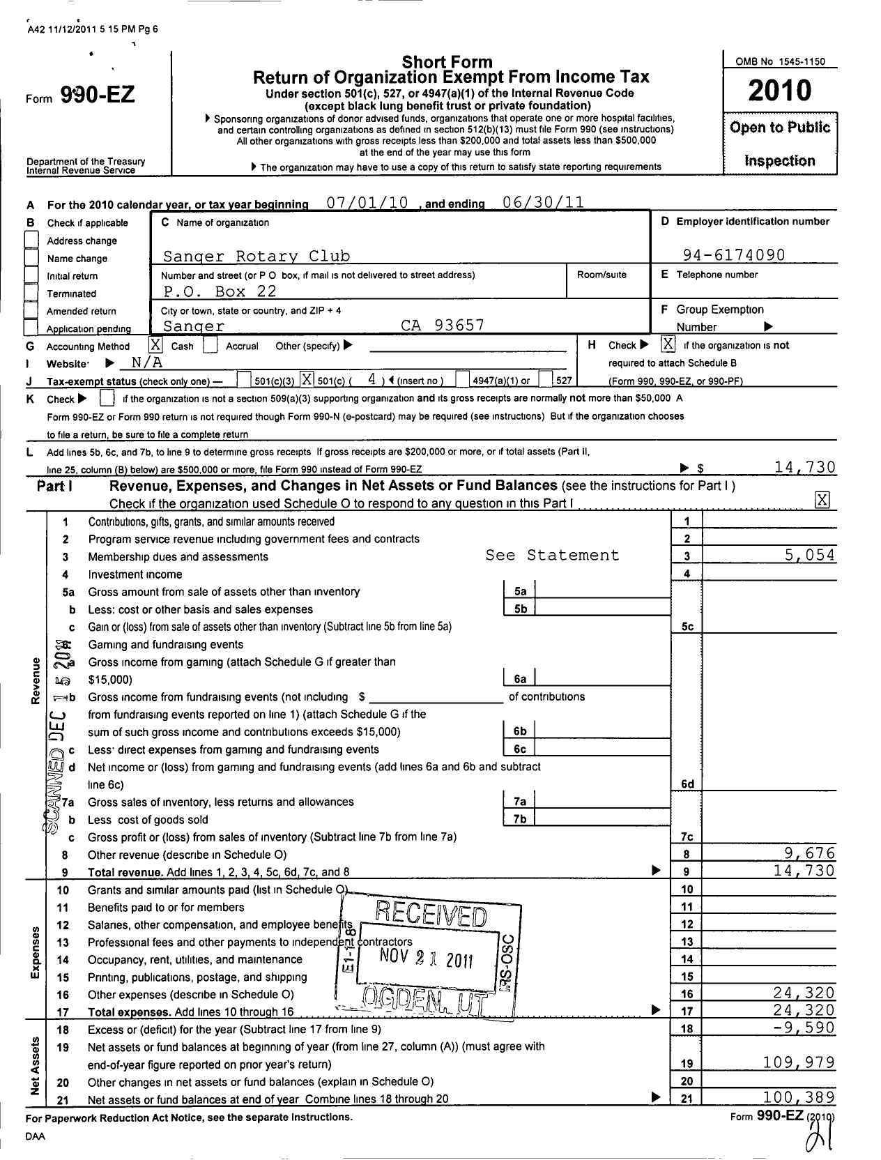Image of first page of 2010 Form 990EO for Rotary International - Sanger Rotary Club