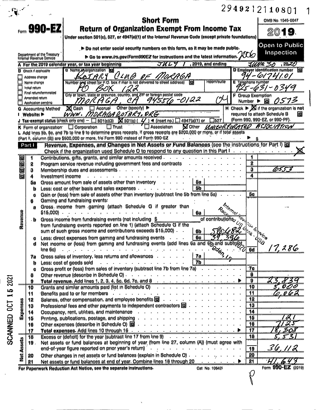 Image of first page of 2019 Form 990EO for Rotary International - Moraga Rotary Club