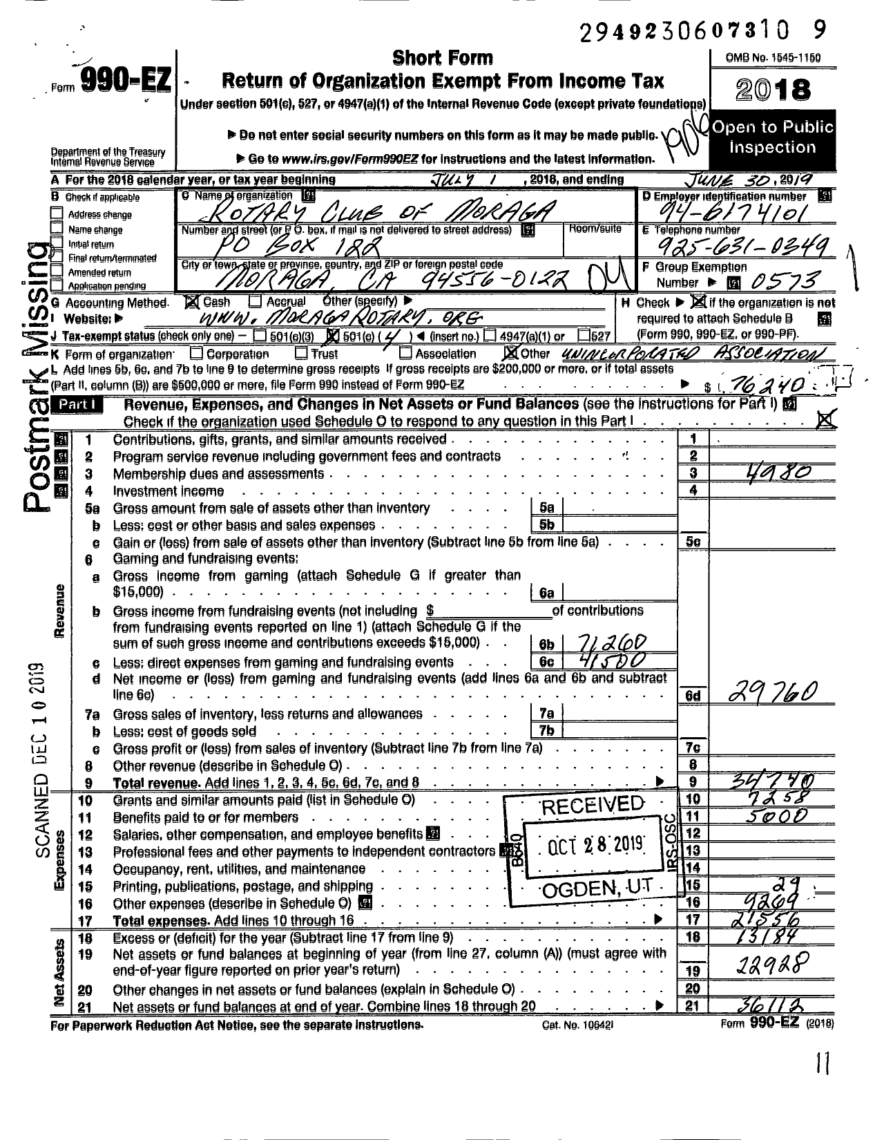 Image of first page of 2018 Form 990EO for Rotary International - Moraga Rotary Club