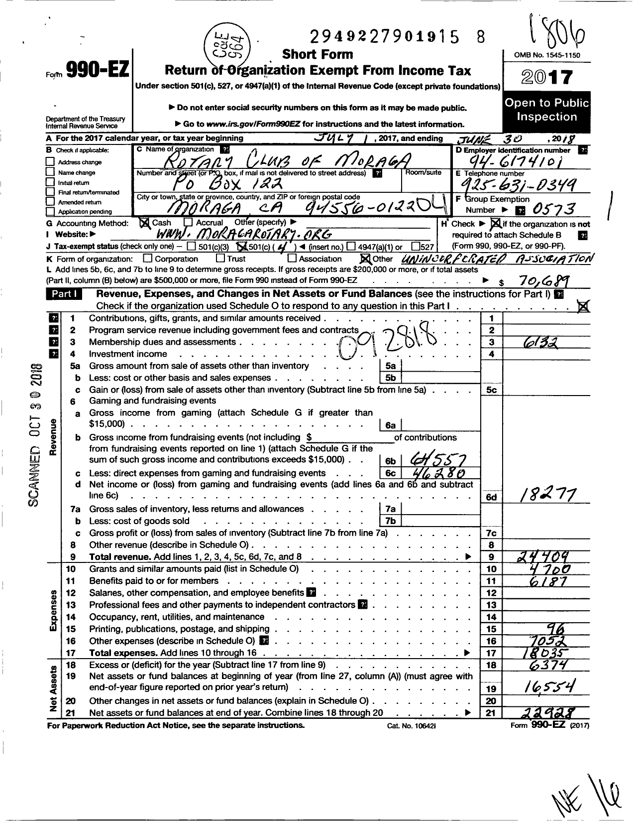 Image of first page of 2017 Form 990EO for Rotary International - Moraga Rotary Club